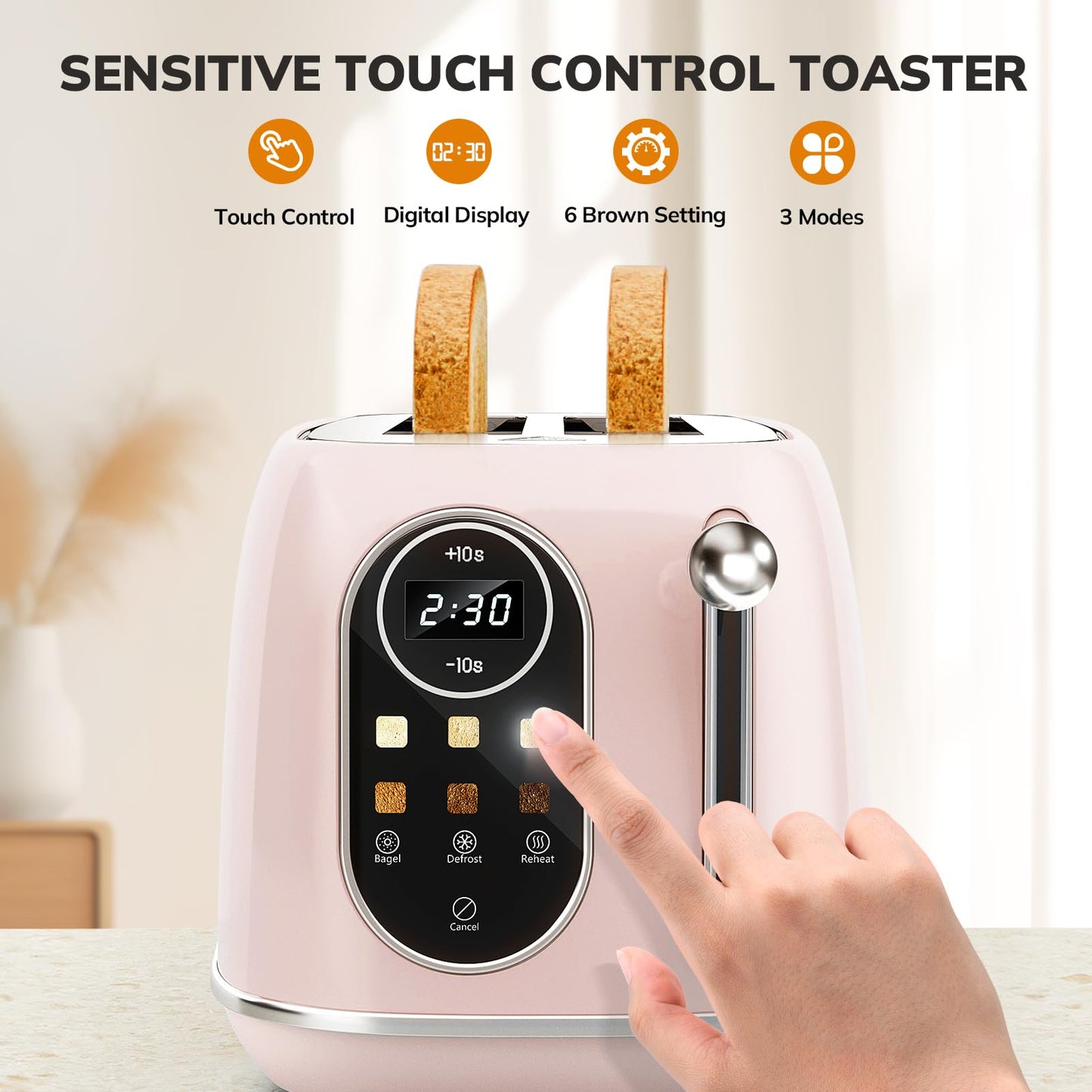 Keenstone tostador inteligente de visualización táctil de 2 rebanadas, tostador retro de acero inoxidable con 6 niveles de dorado, recalentar y descongelar, para bagel, tostado, pan, bandeja extraíble