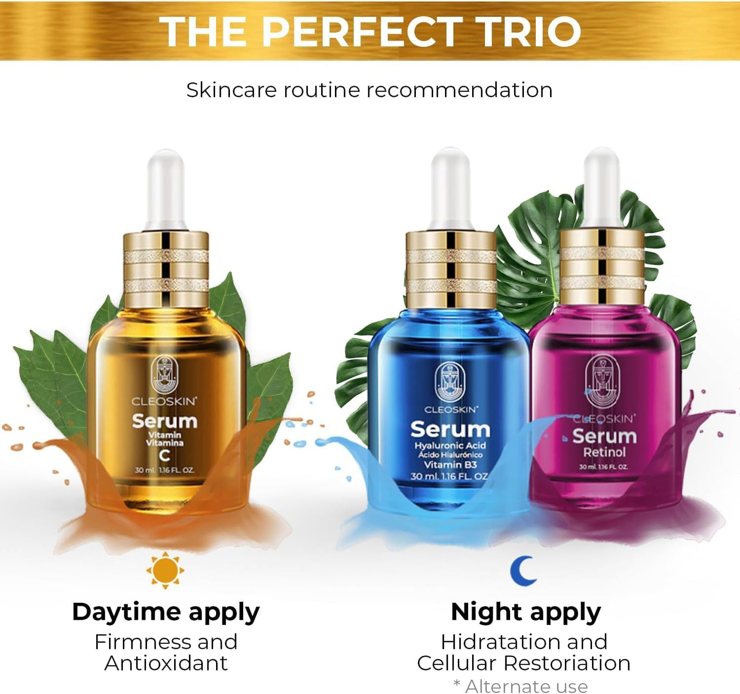 CLEOSKIN Kit 3 sueros faciales, Serum Vitamina C (ácido ascórbico), Serum Ácido Hialurónico con Niacinamida y Serum retinol (Vitamina A). Para el cuidado de la piel