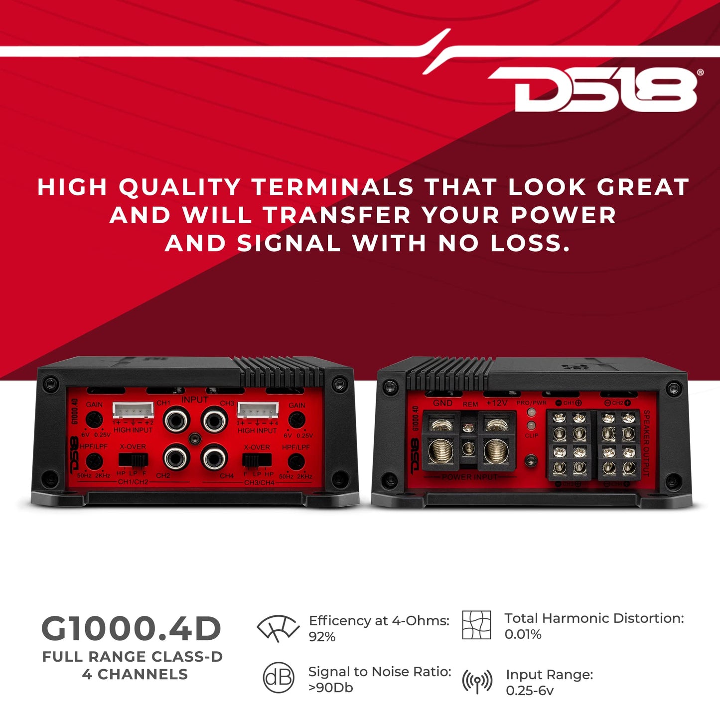 Amplificador de Coche DS18 Gen-X Rojo Clase D 4 Canales Compacto 1000 Vatios 2/4 Ohmios Estable y Puenteable