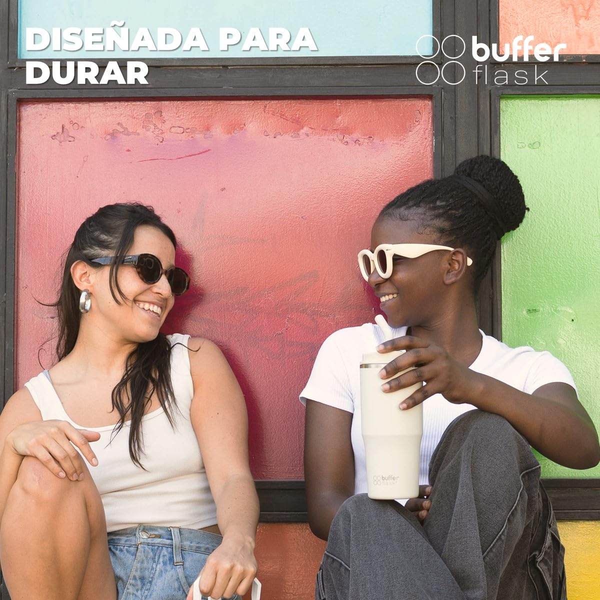 Buffer Flask - Vaso Térmico 700 ml - Termo para Café y Agua de Acero Inoxidable - Tapa Anti Derrame y Fugas - Taza Tumbler Mug para Bebidas Frías y Calientes - Incluye Popote - Color Ivory
