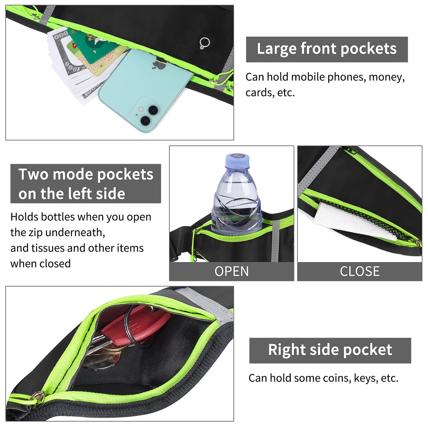Cangurera Deportiva con Correa Ajustable Impermeable Riñonera Deportiva para Exteriores con Tiras Reflectante para Correr Hombre y Mujer-Negro