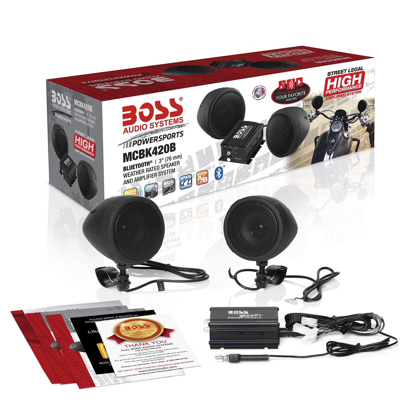 BOSS Audio MCBK420B Bluetooth Enabled Motorcycle/UTV Speaker and Amplifier System, 3" Waterproof