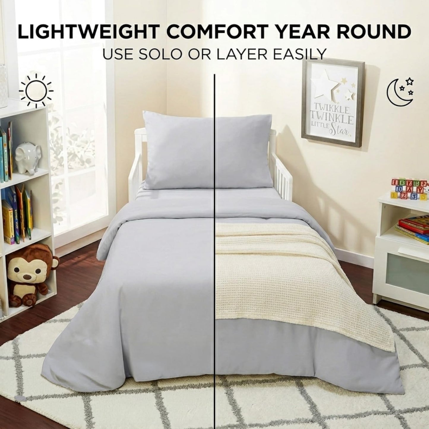 EVERYDAY KIDS - Juego de ropa de cama de 4 piezas para niños pequeños, incluye edredón, sábana encimera, sábana bajera y funda de almohada, color gris liso