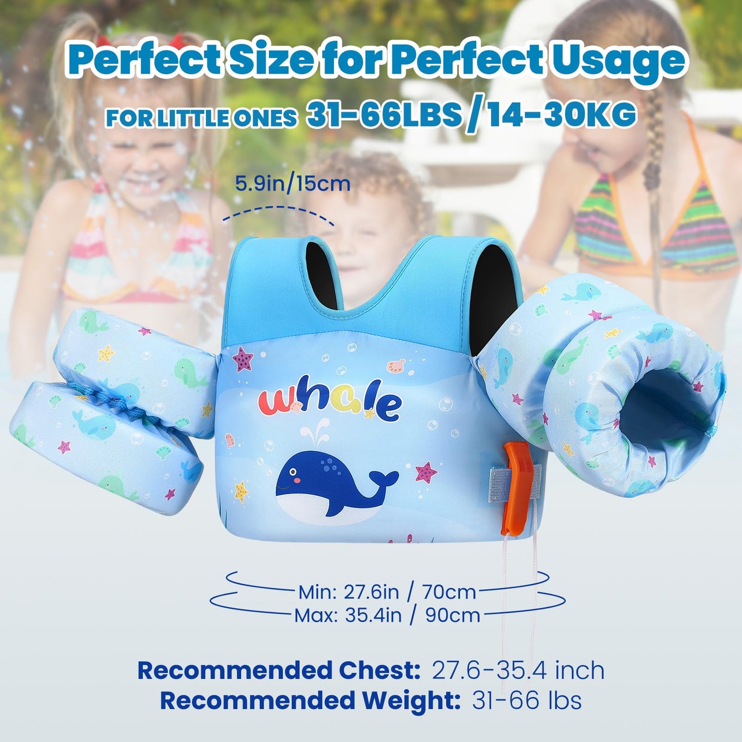 HeySplash Chaleco infantil con alas de natación, diseño de dibujos animados, cinturón de natación sin inflar con 2 hebillas de seguridad, para niños y niñas de 2 a 6 años, ballena azul