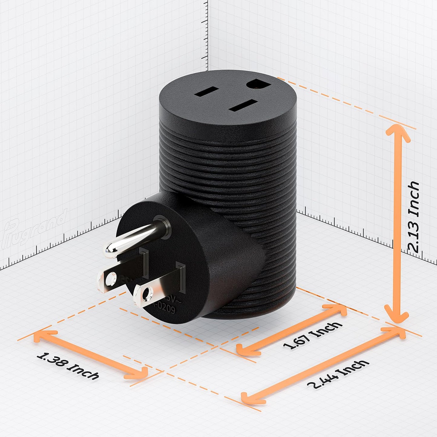 Adaptador de Corriente Plugrand Negro Ángulo Recto NEMA 5-15R a 5-15P 90 Grados