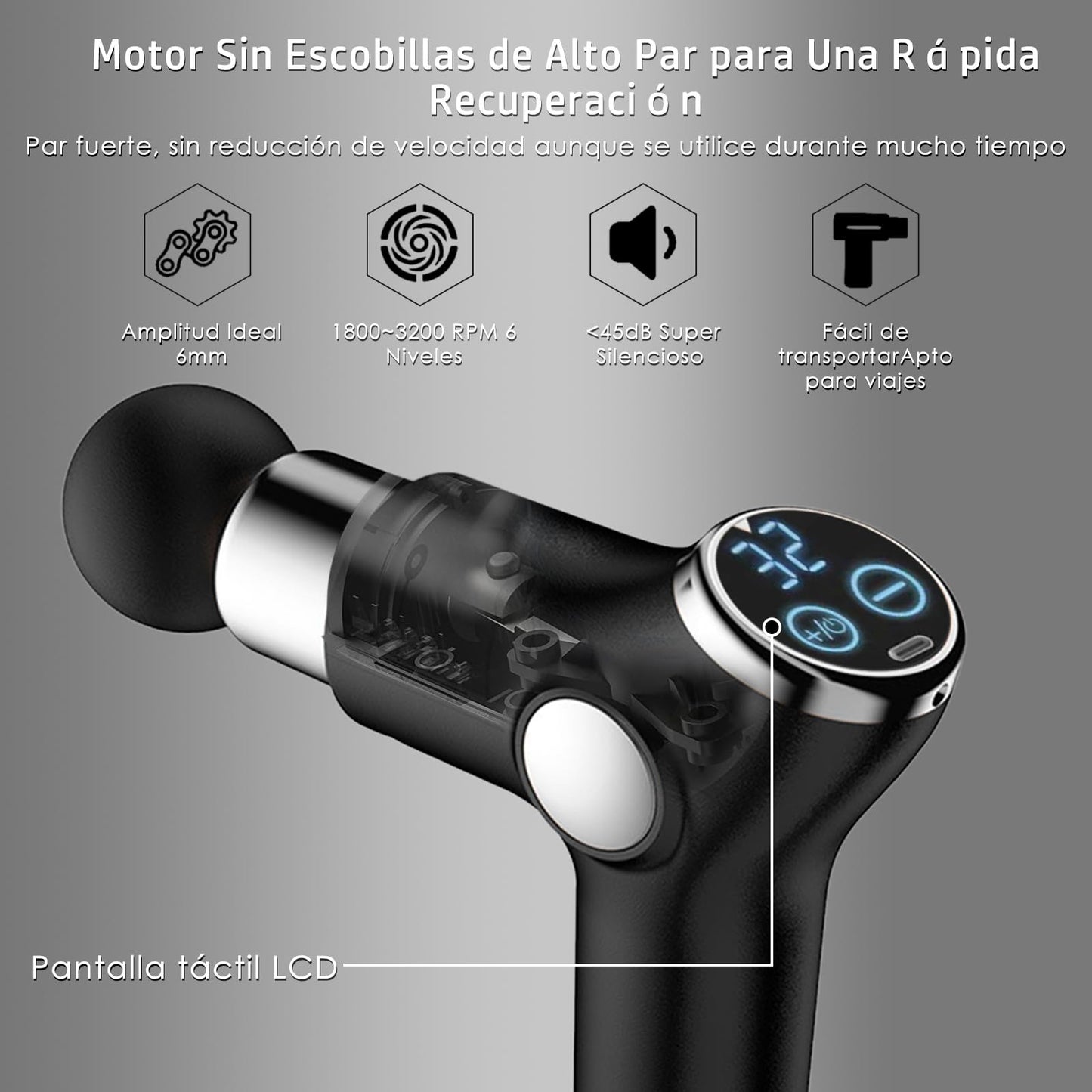 Pistola de Masaje,Masajeador Muscular de Tejido Profundo con 8 Cabezales,Máquina de Masaje Espalda Recargable,Mini Massage Gun Portátil con 32 Niveles Ajustables,Pantalla LCD,Súper Silencioso,Negro