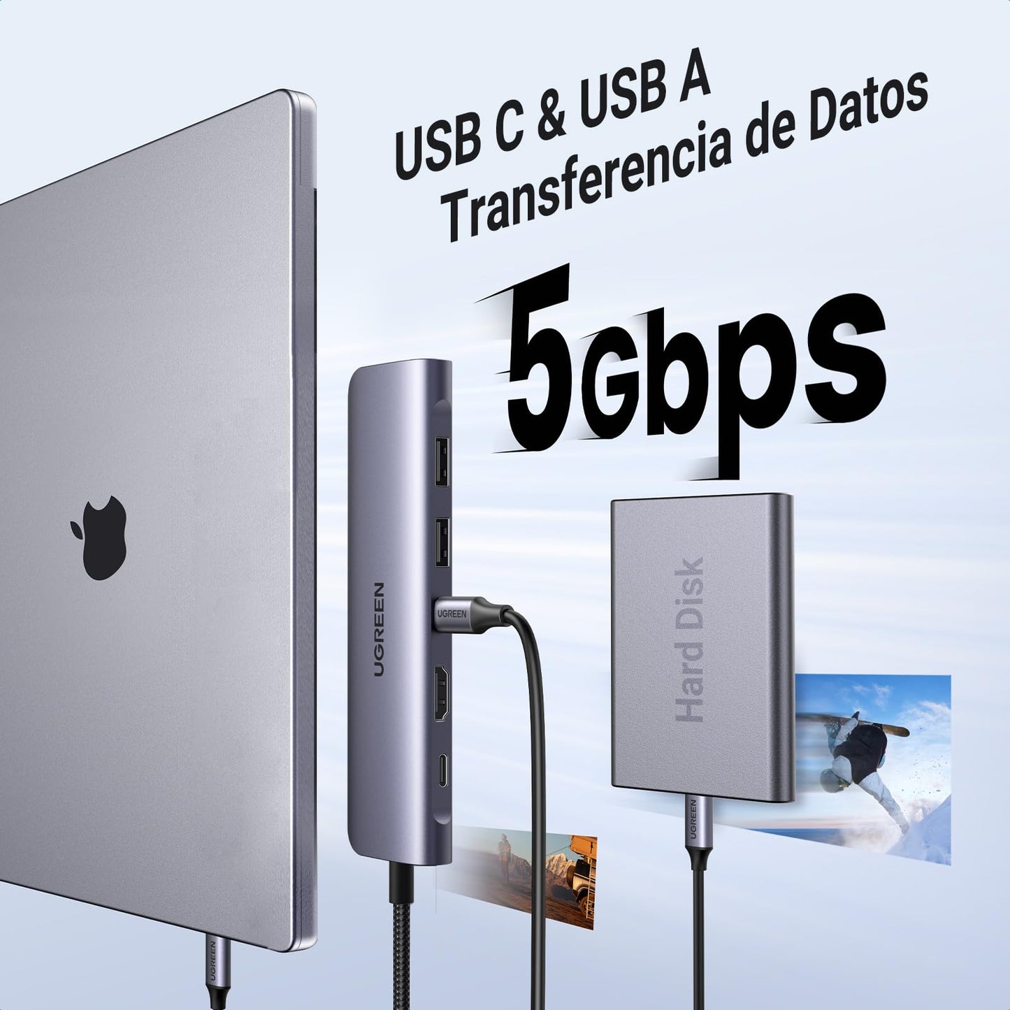 Adaptador USB C UGREEN Plateado 7 en 1 con HDMI 4K y Lector de Tarjetas para Macbook y más