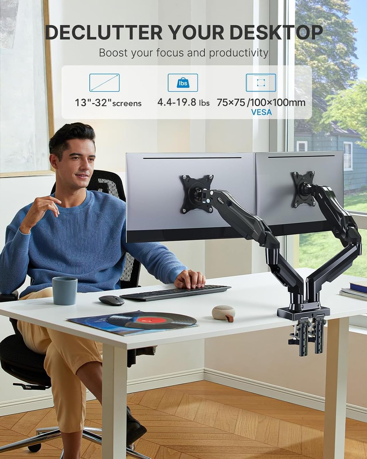 HUANUO Soporte Doble Monitor, Brazo para Monitor Totalmente Ajustable, Montaje VESA con Abrazadera en C y Base de Ojal para Pantallas de 13 a 32 Pulgadas, Cada Brazo Soporta de 2 a 9 KG