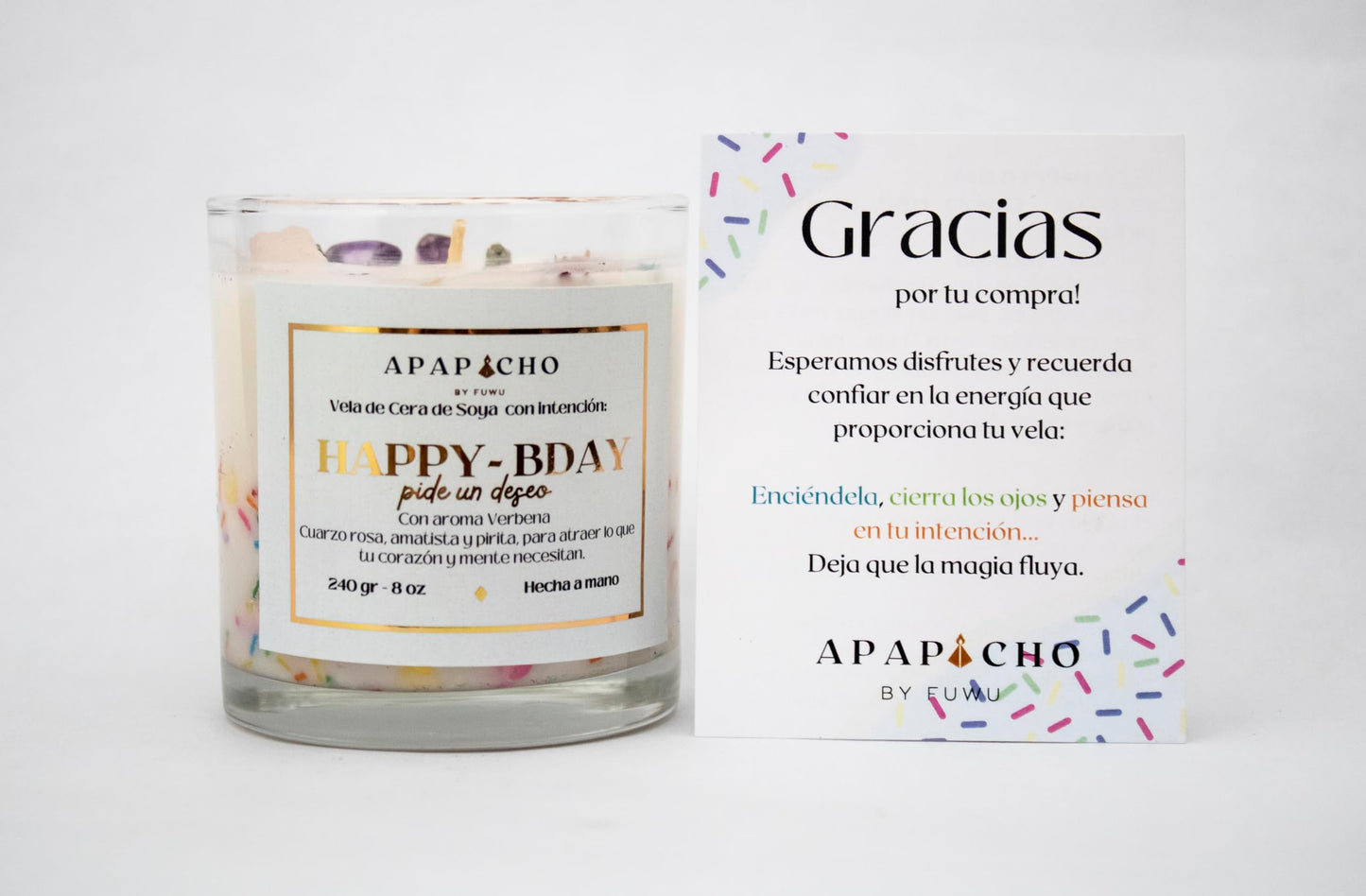 Fuwu, velas aromaticas relajantes Happy Birthday de cera de soya con cuarzos naturales, velas decorativas hechas a mano con hierbas de olor, aromatizantes para hogar, regalos de cumpleaños (Verbena)