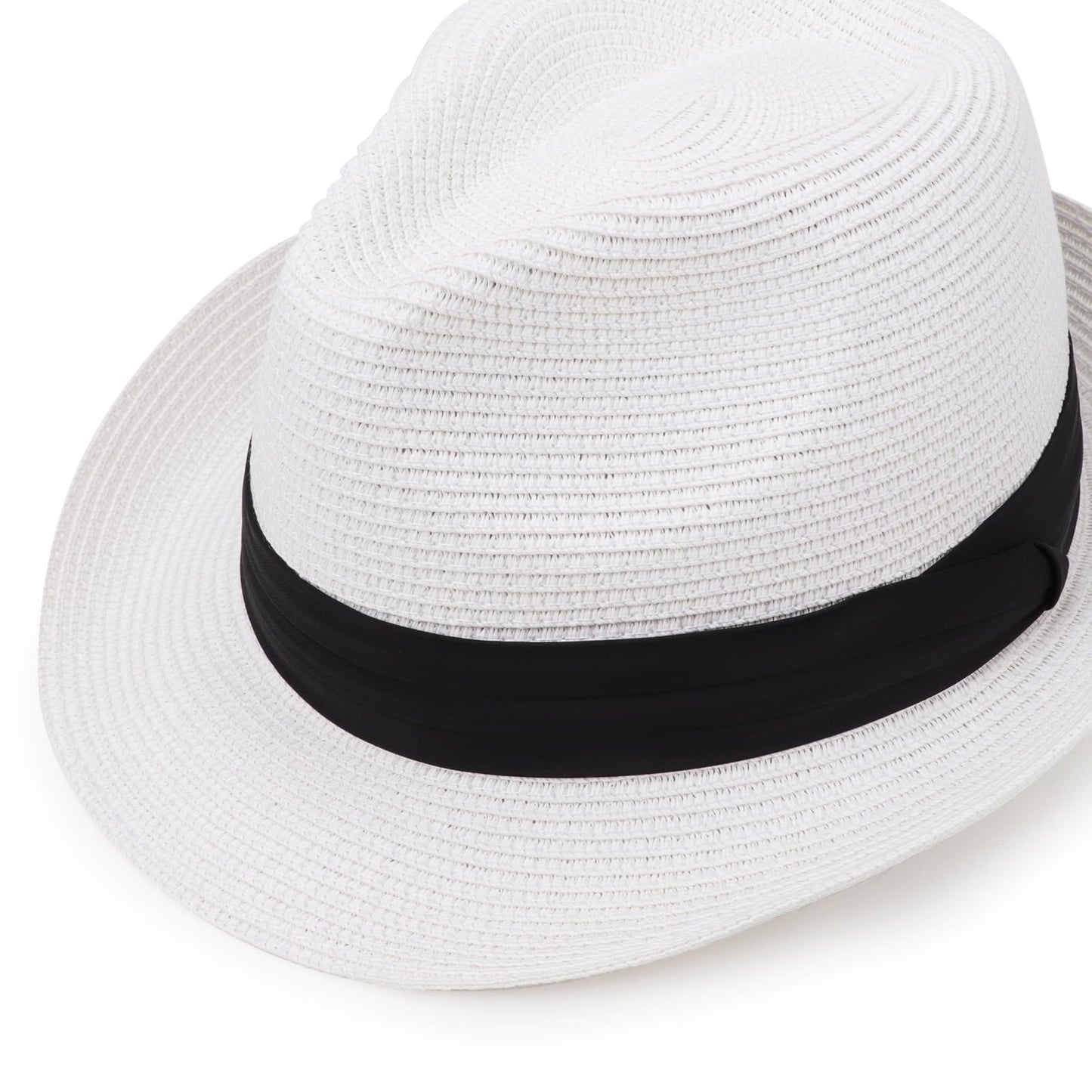 DRESHOW Sombrero de paja para mujer, de ala corta, estilo Panamá, para viajar, fedora, verano, enrollable, para la playa, con protección UPF 50+.