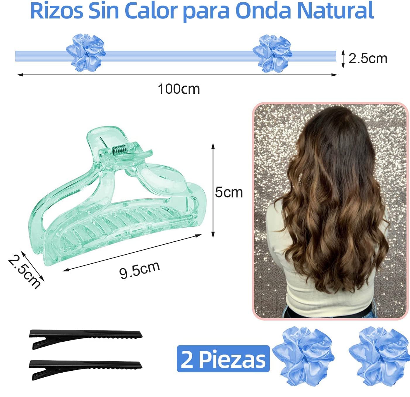 Rizos Sin Calor Cabello Largo, Rizador de Cabello Sin Calor con Pinzas para el Cabello y Coletero, Kit de Herramientas para Peinar el Cabello de Seda Suave, Sin Daños, Sin Calor (Azul)