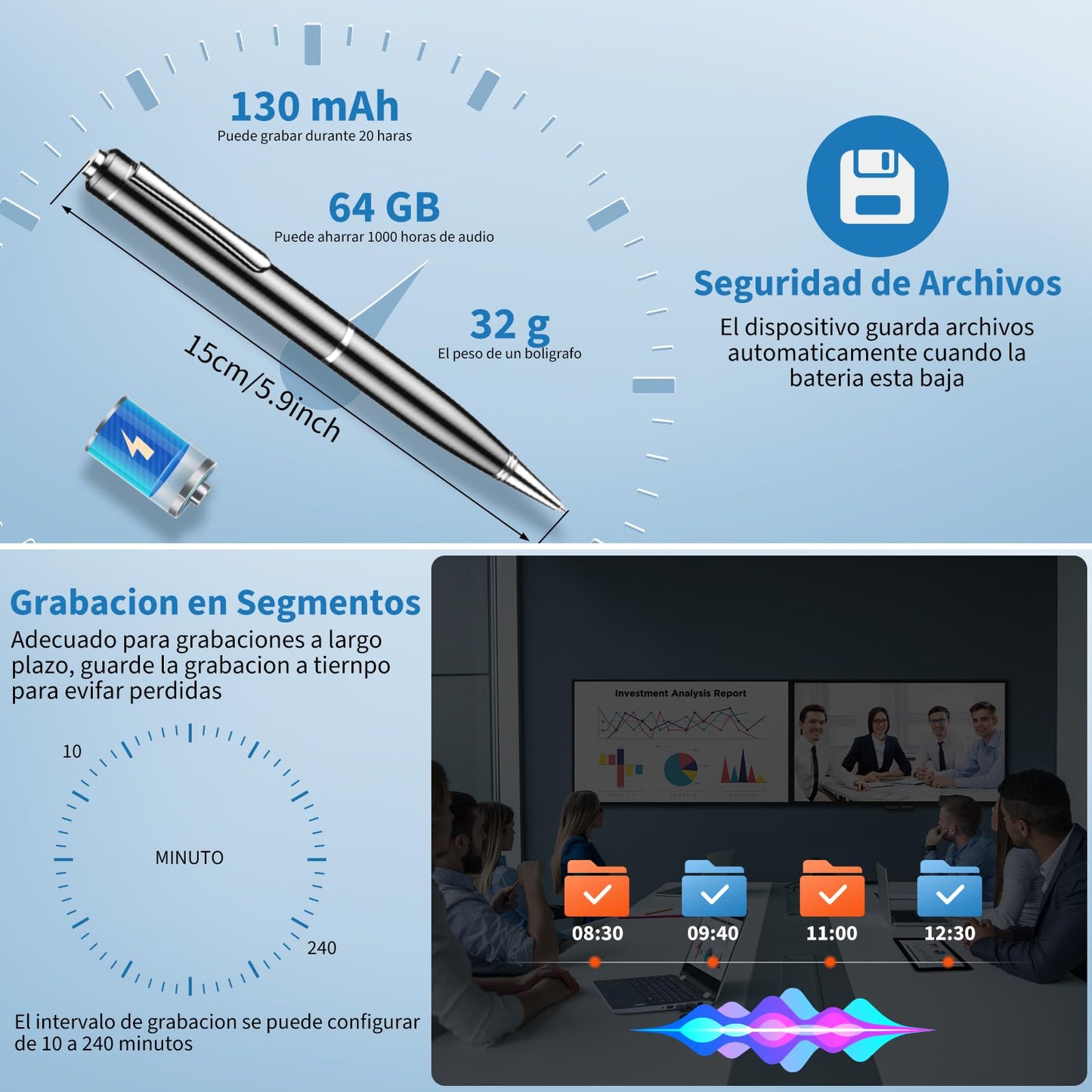 Grabadora de Voz, 64GB Pluma de Grabación Portátil, Reproductor MP3, Micrófono con Cancelación de Ruido, Grabadora Digital Inteligente para Reuniones, Entrevistas, Ampliable 128GB, Capaz de Escribir…