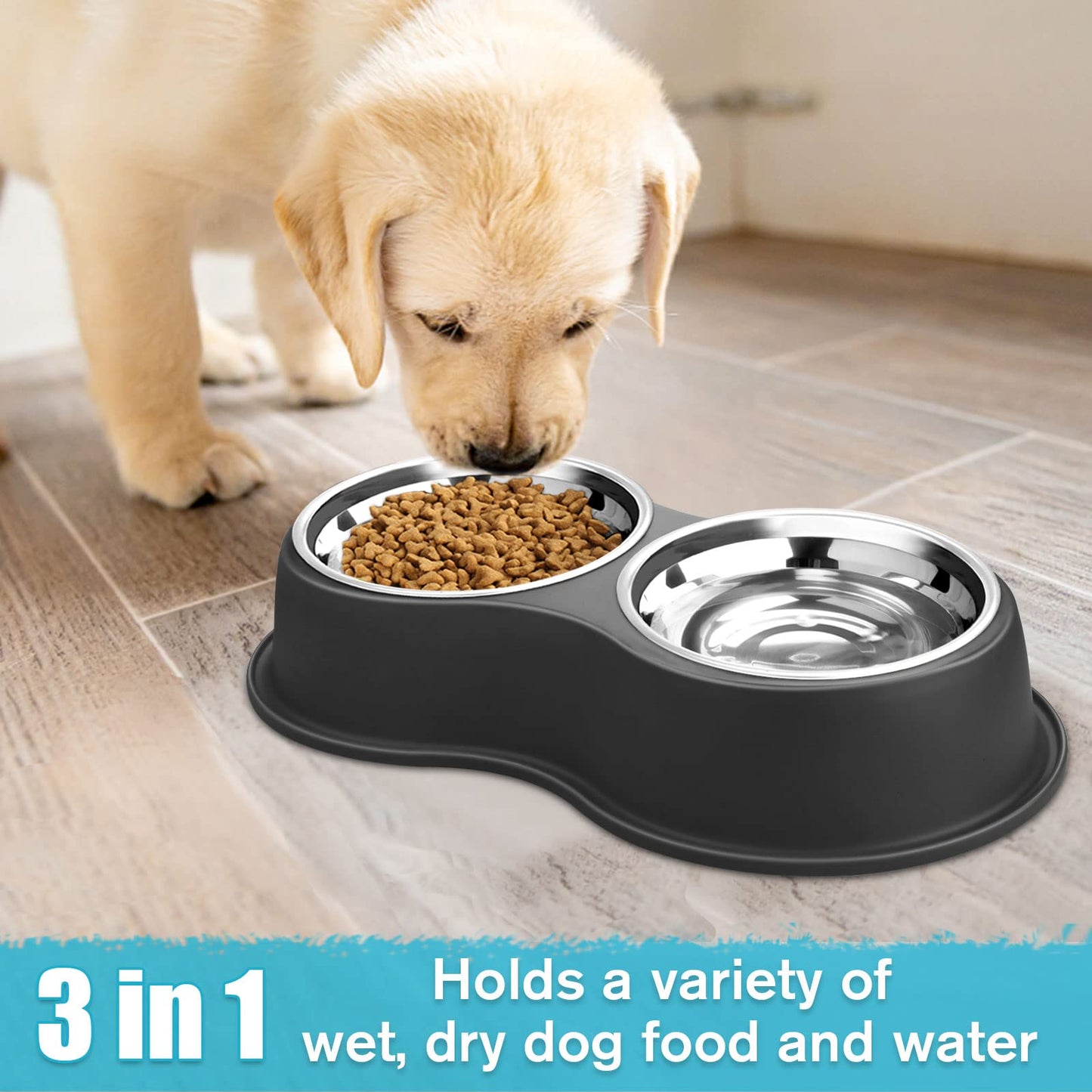 Cuencos dobles para perros de agua y alimentos, cuencos de acero inoxidable con estación de resina antideslizante, cuencos de comedero para mascotas para cachorros, perros medianos y gatos
