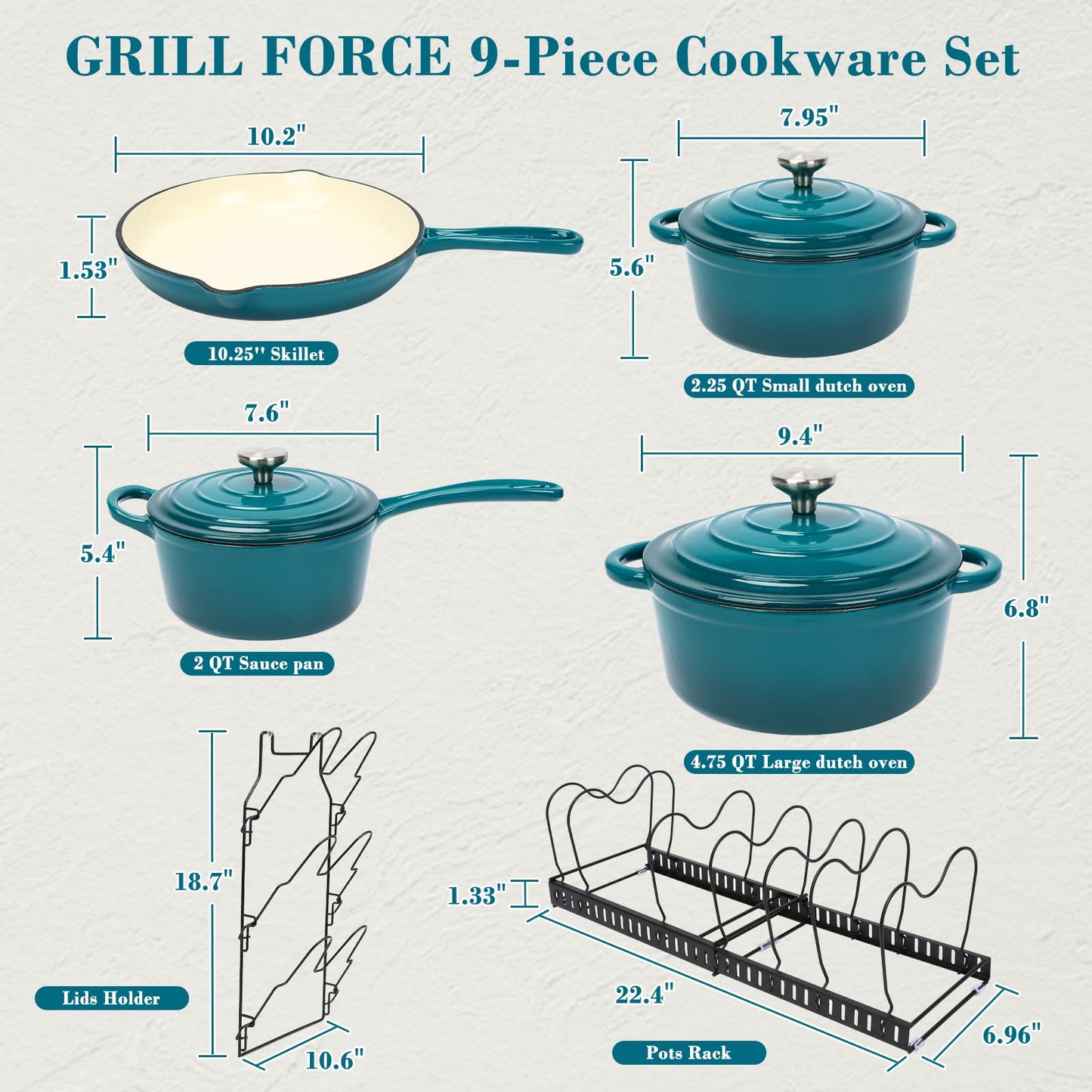 GRILL FORCE - Juego de utensilios de cocina de hierro fundido esmaltado, juego de ollas y sartenes antiadherentes, organizador de ollas y sartenes, sartén de 10.2 pulgadas, cacerola de 2.25 cuartos de