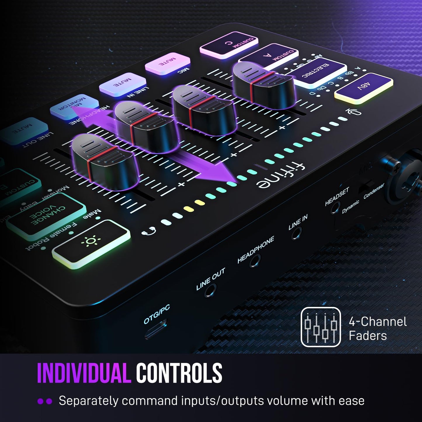 FIFINE Mezclador de Audio para Streaming, Mezclador RGB con Interfaz de Micrófono XLR, Atenuador de Volumen, Alimentación Fantasma de 48V en Mac/PC, para Voz de Gaming/Podcast/Grabación-AmpliGame SC3