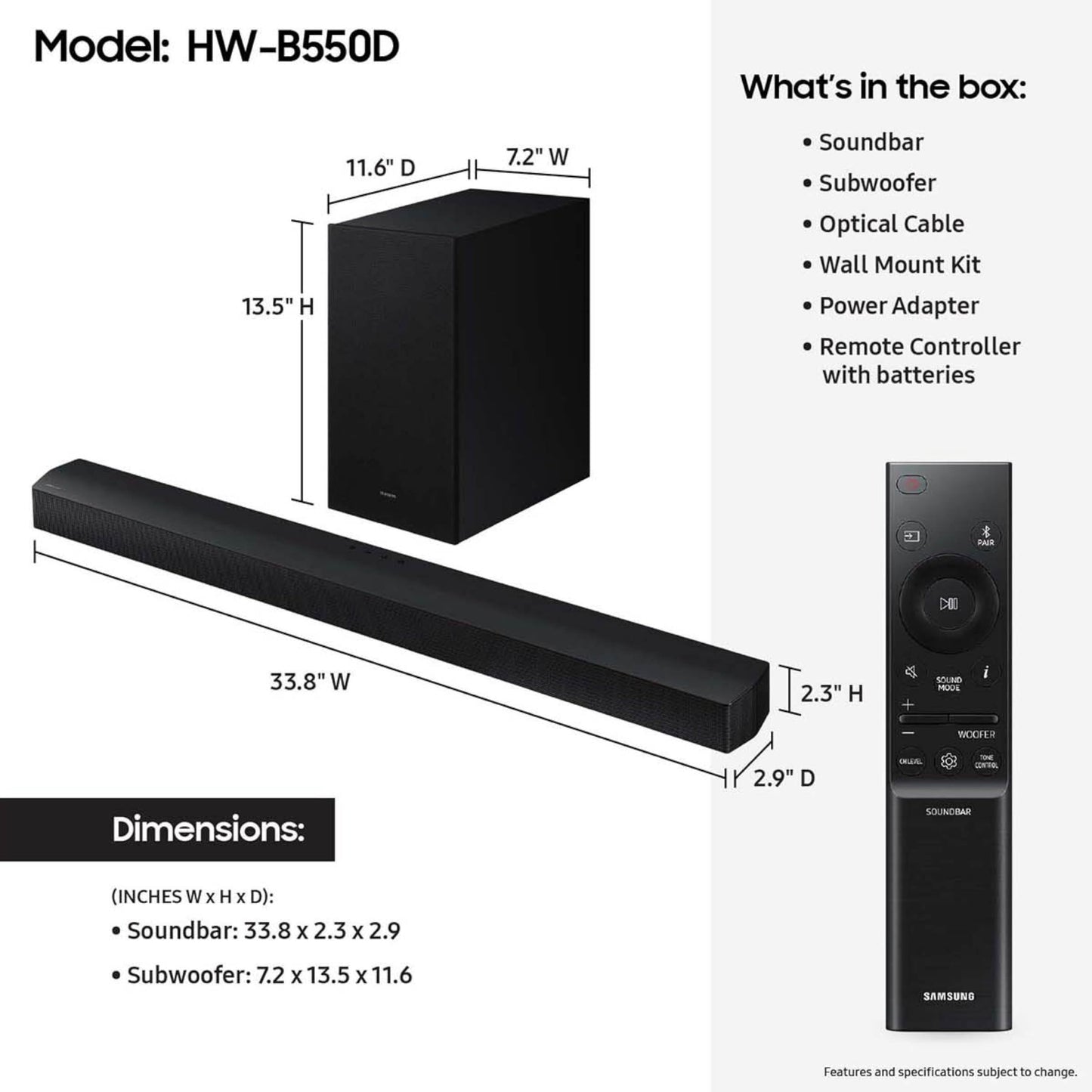 Barra de Sonido Samsung HW-B550D Negro con Audio Dolby y Subwoofer Inalámbrico 2024