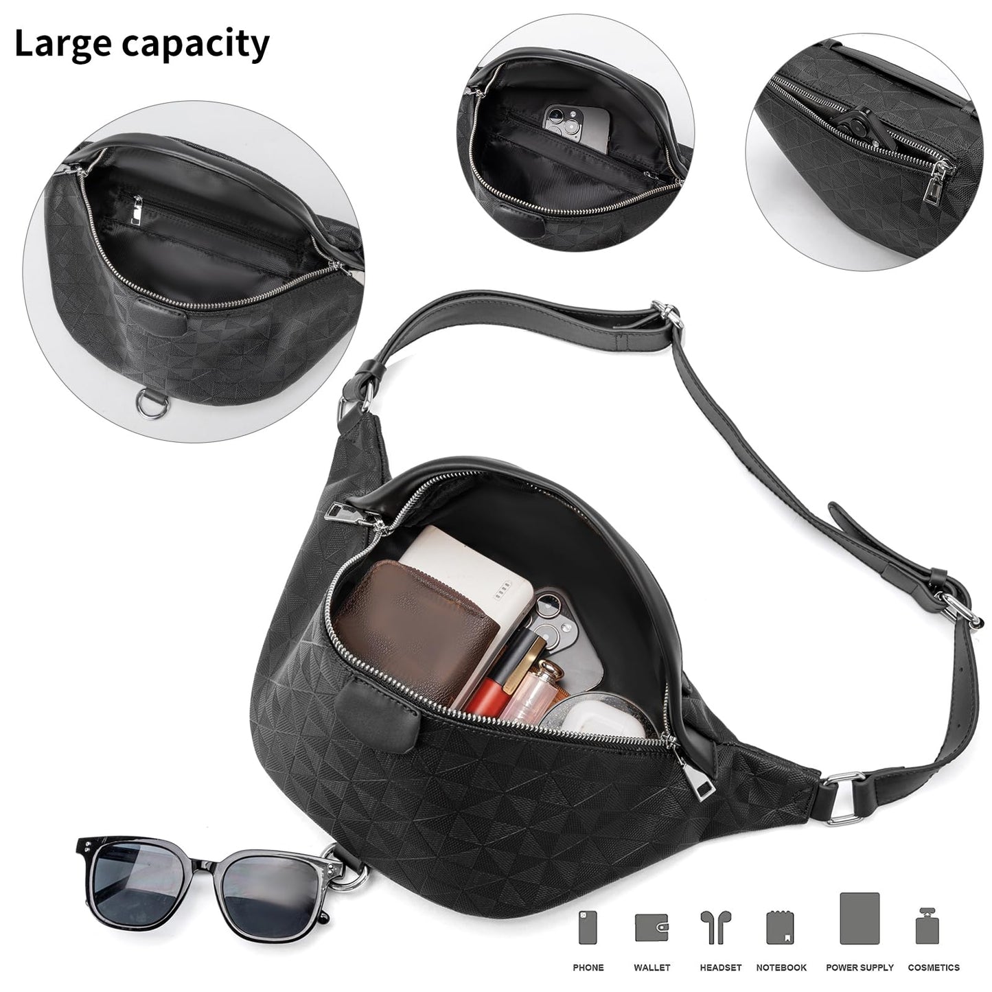 anck Riñonera bandolera para mujer, bolso bandolera para mujer, bolso pequeño en el pecho, riñonera a cuadros para mujer diseñador, moleteado Negro, Bolsa para cinturón