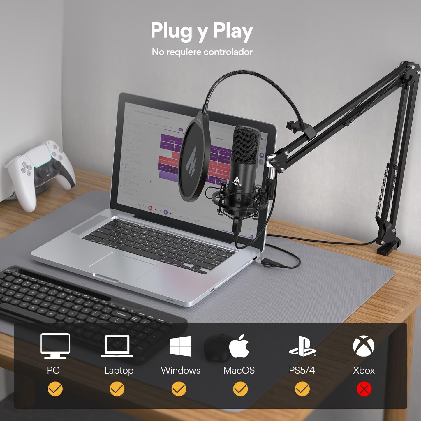 MAONO Kit Micrófono USB Condensador, Mic Cardioide con Chipset de Sonido Profesional 192KHZ/24BIT Plug & Play para PC, Mac, PS4, Microfono para Gamer, Streaming, Podcast, Youtube, Grabación(AU-A04)