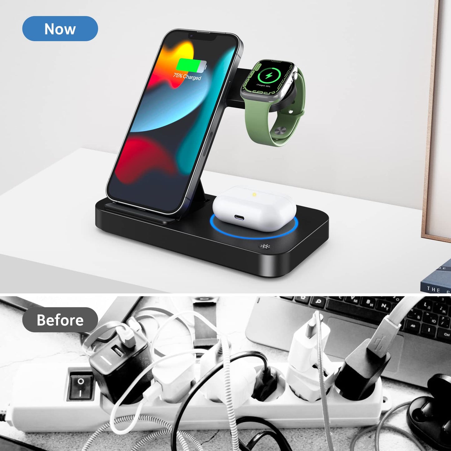 Carga Inalámbrico, 4 en 1 Estación de Carga Inalámbrico con 18W Qi Carga para iPhone 16/15/14/13/12/11,Samsung, Huawei, Airpods 3/2/Pro,Cargador Magnético de Reloj para Apple Watch 9/8/7/6/5/4/3/Ultra