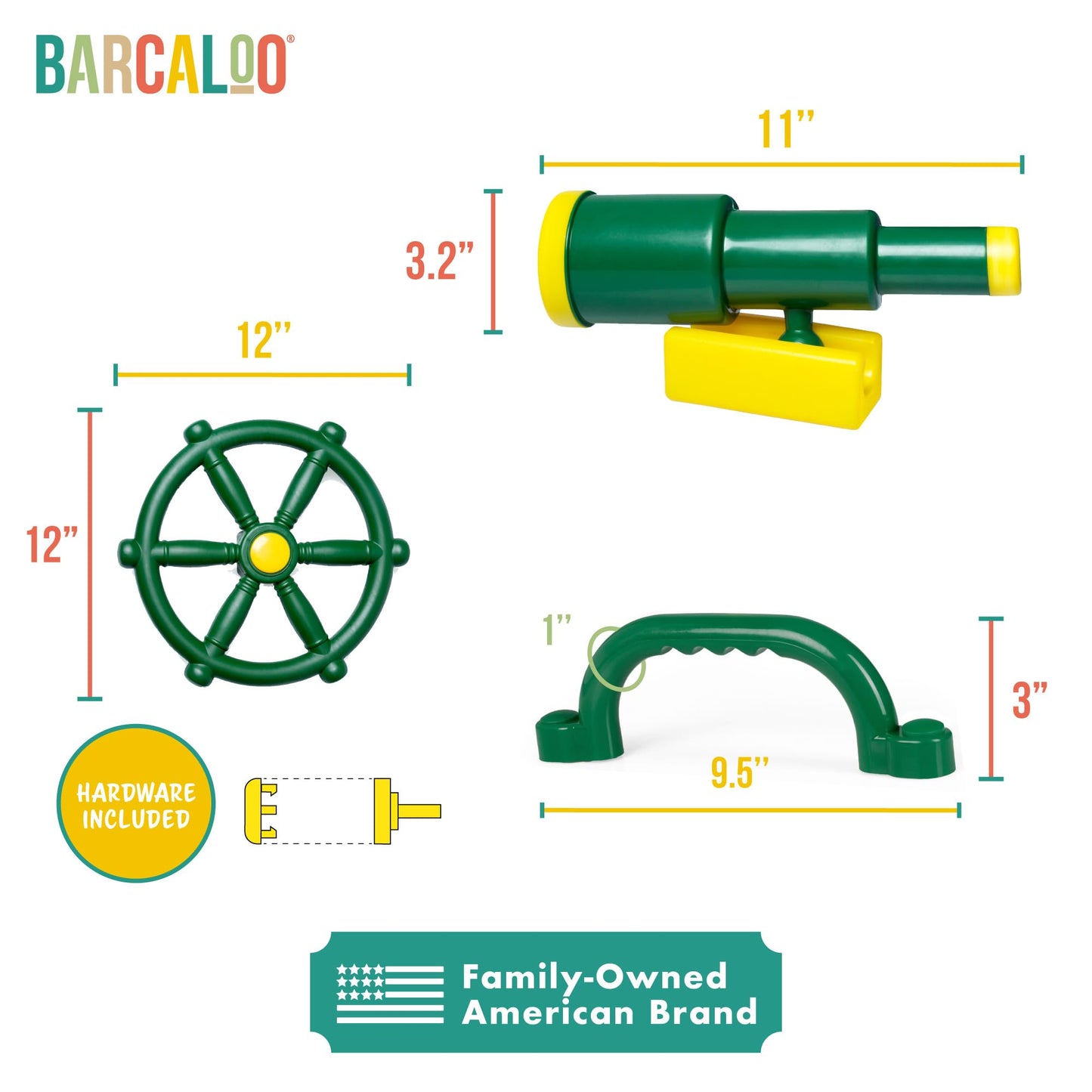 Accesorios para patio de juegos al aire última intervensión para niños, telescopio pirata, volante, barras de mango de seguridad verde, equipo de parque infantil, patio trasero, casa de juegos, gimnasio de la selva, columpio, barco pirata