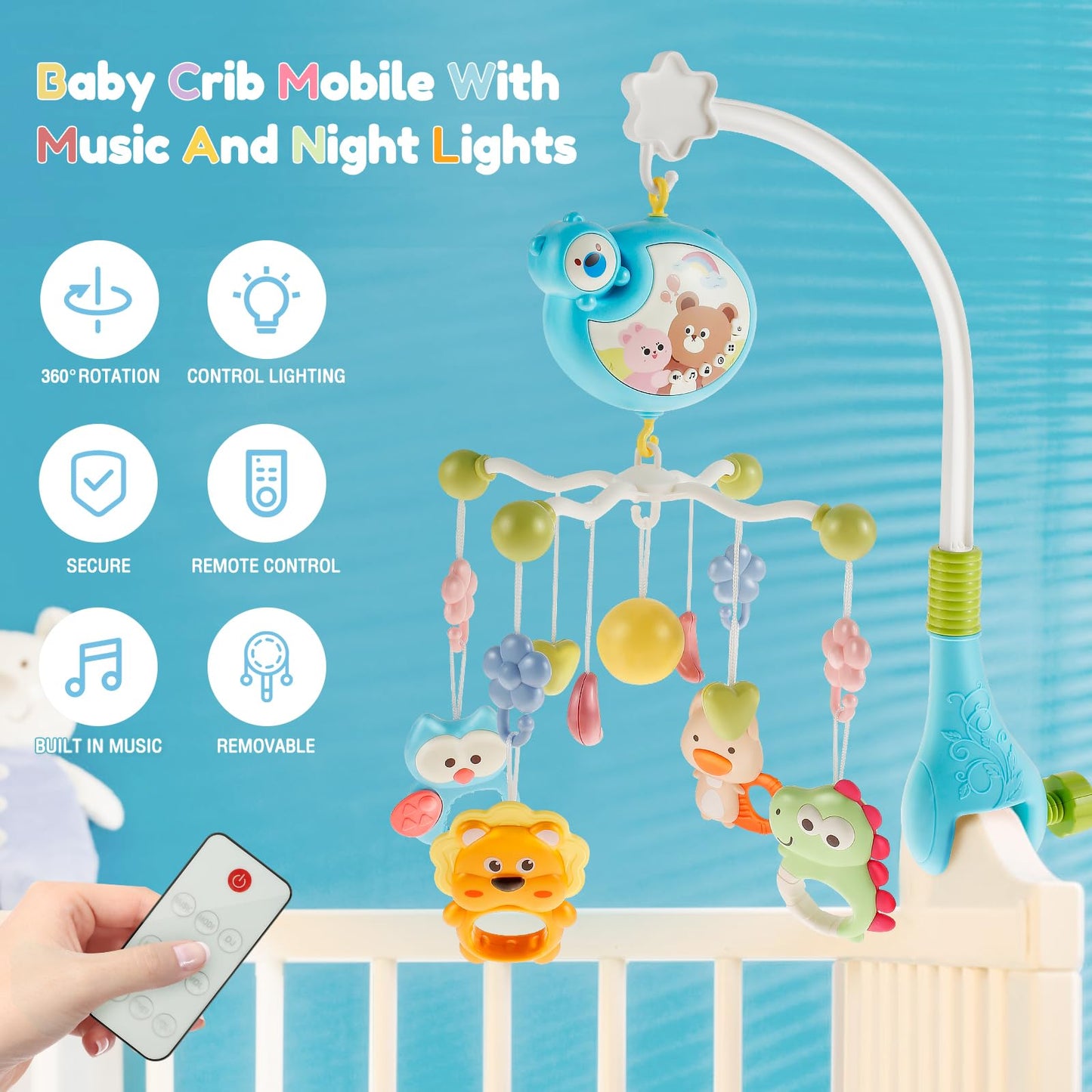 Móvil Musical Montessori Azul con Luces Nocturnas y Rotación de 360° para Bebé