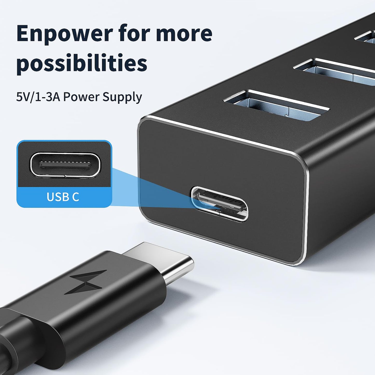 atolla 7 en 1 Hub USB 3.0, 7 Puertos Multi USB de Aluminio con Cable Extensión de 1m, Adaptador de 5Gbps USB A para PC, Laptop, PS4, PS5, Xbox, Disco U, Impresora, Ratón, Teclado etc.