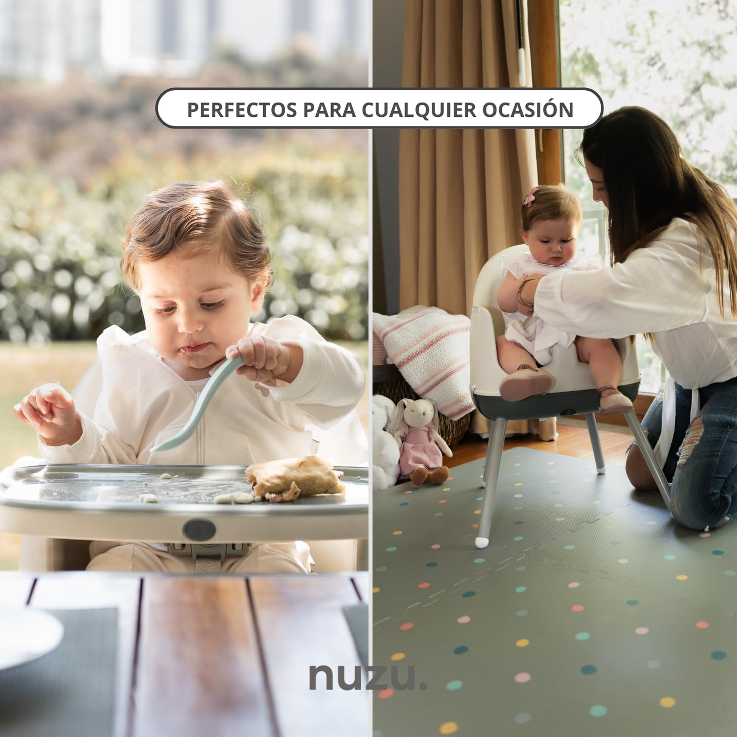 NUZU Periquera para Bebe 3 en 1 | Silla para Bebe Comer Multifuncional con Seguridad y Estilo | Versatilidad en Espacios Reducidos | Asiento Elevador Ajustable para Bebes 6 meses a 4 Años.(Gris)