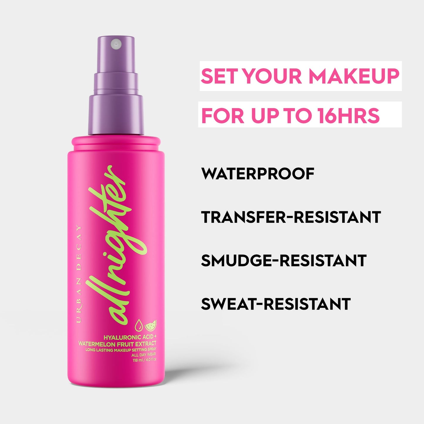 Urban Decay All Nighter Setting Spray Ácido Hialurónico fijador de maquillaje hasta por 16hrs acabado luminoso y resplandeciente, 118ml