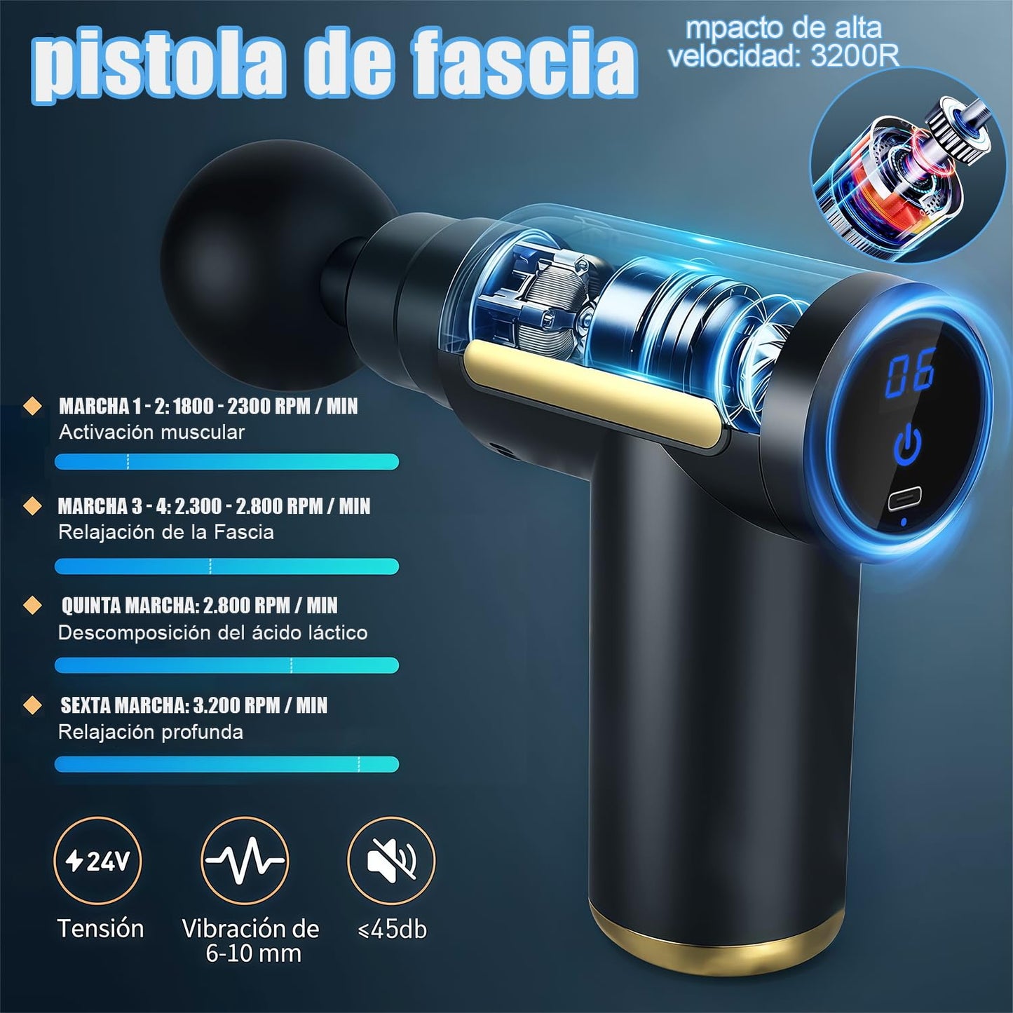 Pistola de Masaje Muscular,De mano y portátil masajeado,con 4 cabezales, 6 engranajes de masaje ajustables.Pistola de masaje muscular profundo