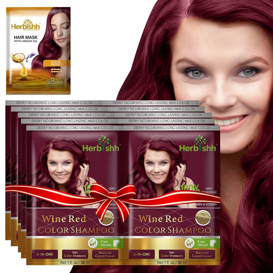 Herbishh Hair Color Shampoo for Gray Hair– Hair Dye Shampoo with Argan Hair Mask–Tamaño de viaje-Tiñe el cabello en minutos–Color de larga duración–10pack+1pack (Wine Red)