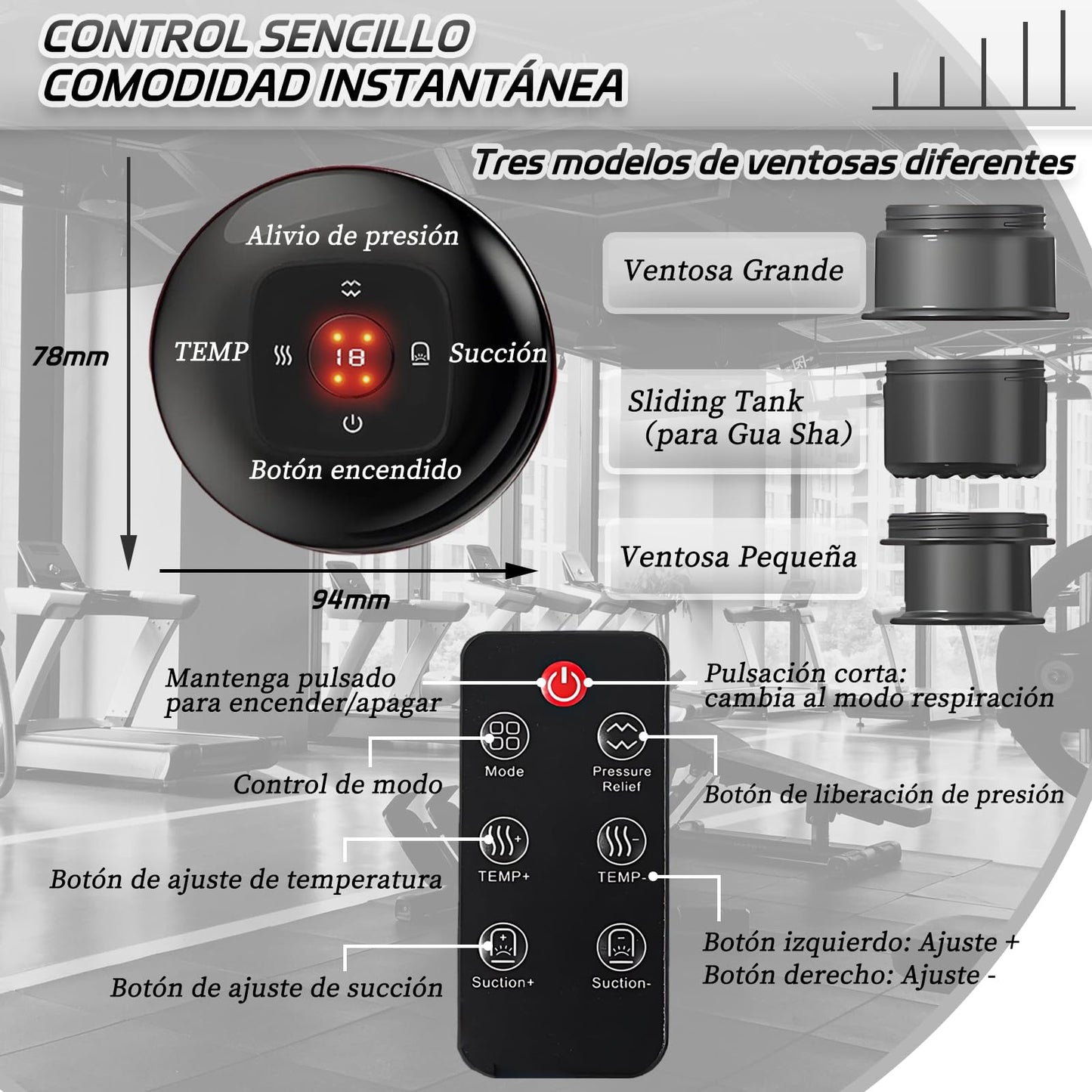 Juego de Terapia de Ventosas Eléctricas con 3 Ventosas reemplazable,Máquina de Ventosas Dinámica Inteligente 5 en 1 con Compresa Caliente de Luz Roja,Control Remoto Inalámbrico,12 niveles de temperatura y succión