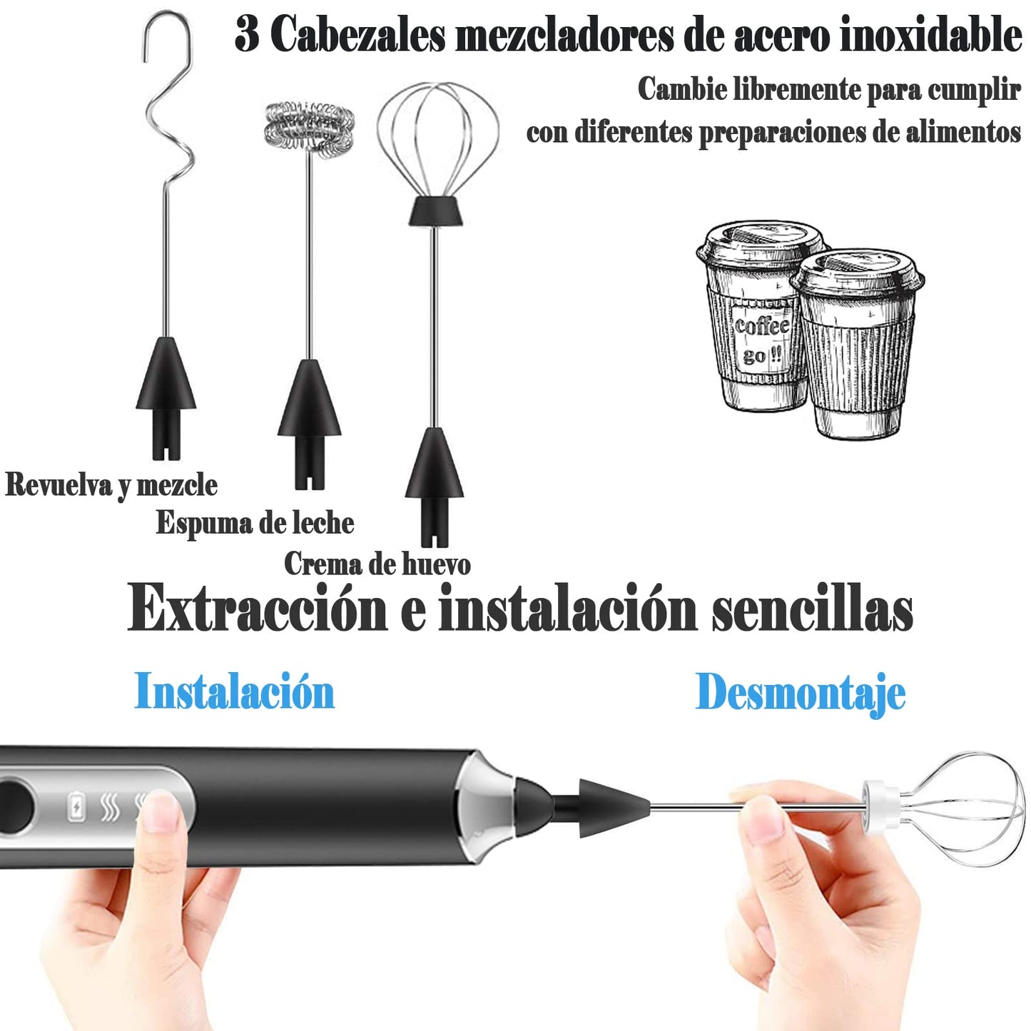 ANGECM8 Espumador de Leche eléctrico recargable por USB,3 velocidades con 3 batidor de acero inoxidable,Agitador electrico,Batidor electrico de mano para Café,Lattes,Capuccino,Chocolate Caliente