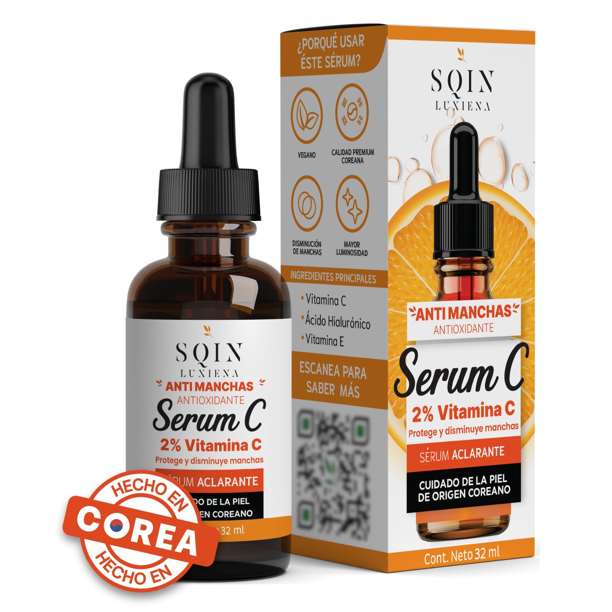 Sqin Luxiena Korean Serum de Vitamina C 2% y Ácido Hialurónico Facial. Aclara la Piel, Antimanchas facial + Antiarrugas + Antioxidante, Suero Facial de Día Vitamina C y Vitamina E, Skincare Coreano Vegano 32ml.