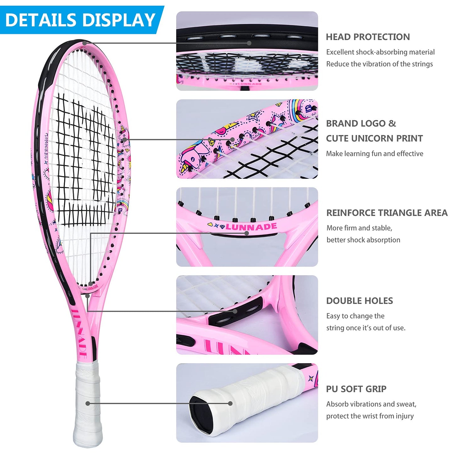 LUNNADE - Raqueta de tenis para niños pequeños, 19/21/23/25 pulgadas con cubierta, adecuada para niños y niñas principiantes de 3 a 12 años
