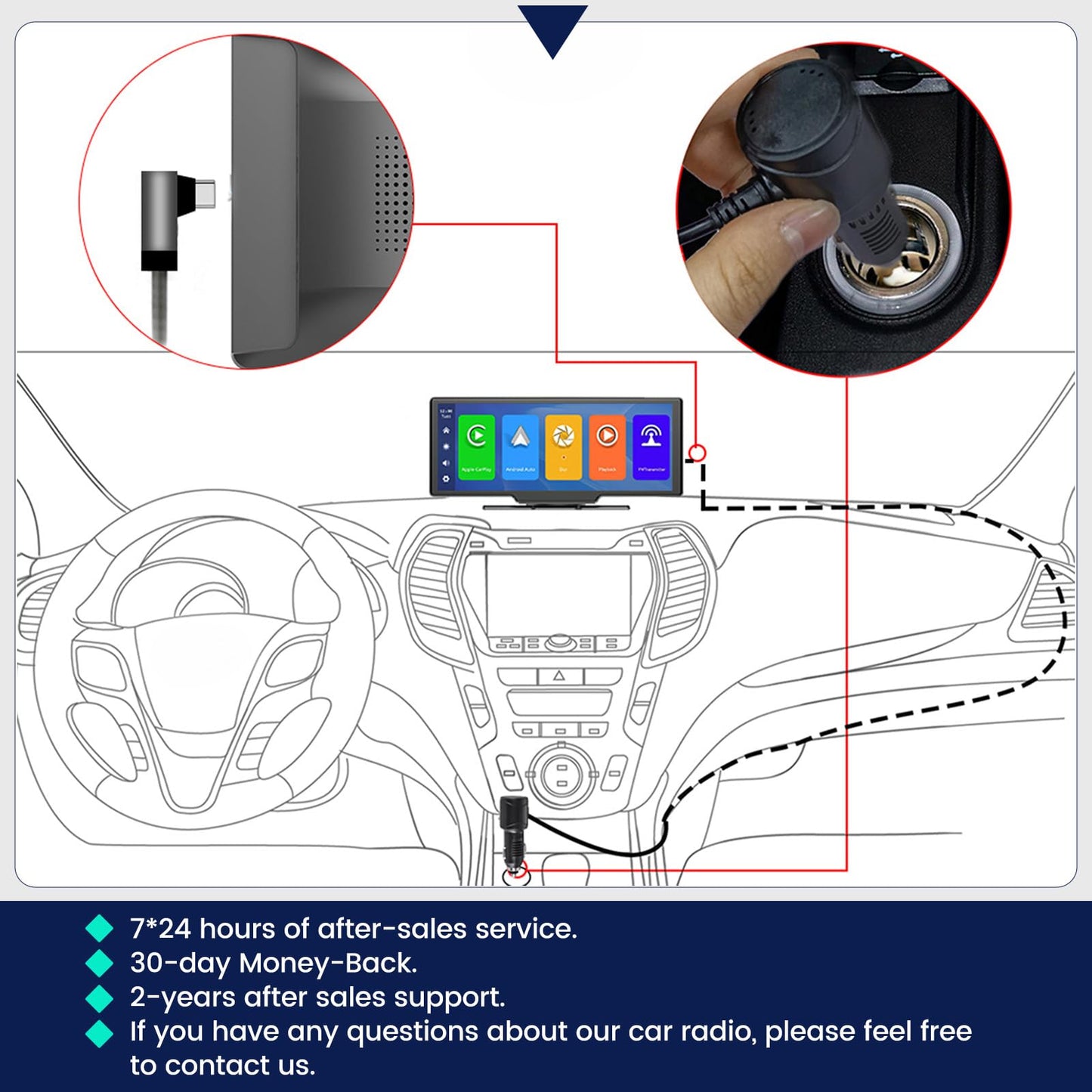 Carplay - visualización estéreo de 10.3 pulgadas HD inalámbrica portátil para coche Buddy con visualización táctil, reproducción de coche y transmisión automática de Android FM Bluetooth para