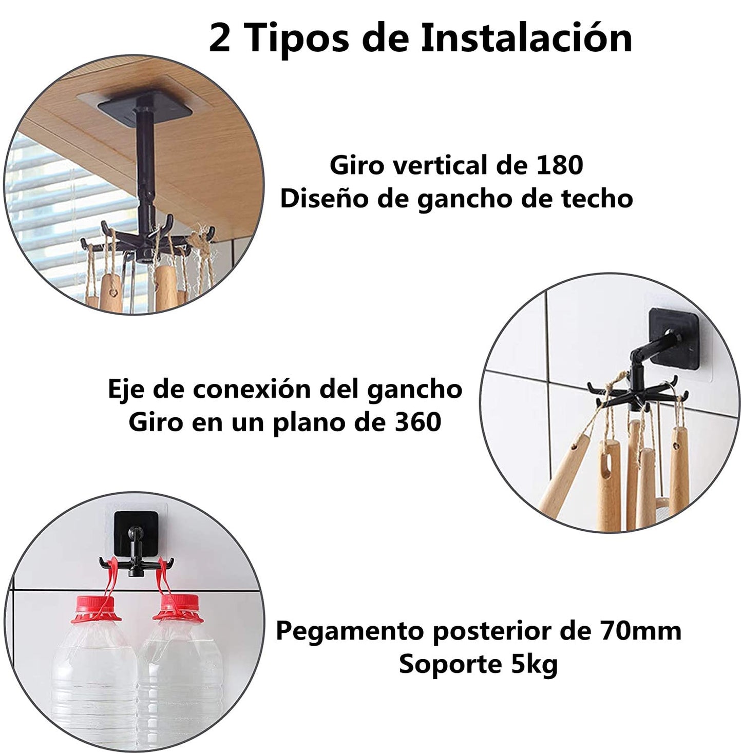 Gancho Plegable Giratorio de 360 Grados,Gancho Giratorio de Cocina de 4 Piezas,Gancho Multiusos para Colgar Utensilios,Gancho Autoadhesivo con 6 Ganchos,Gancho Vertical de 180 Grados (Negro)
