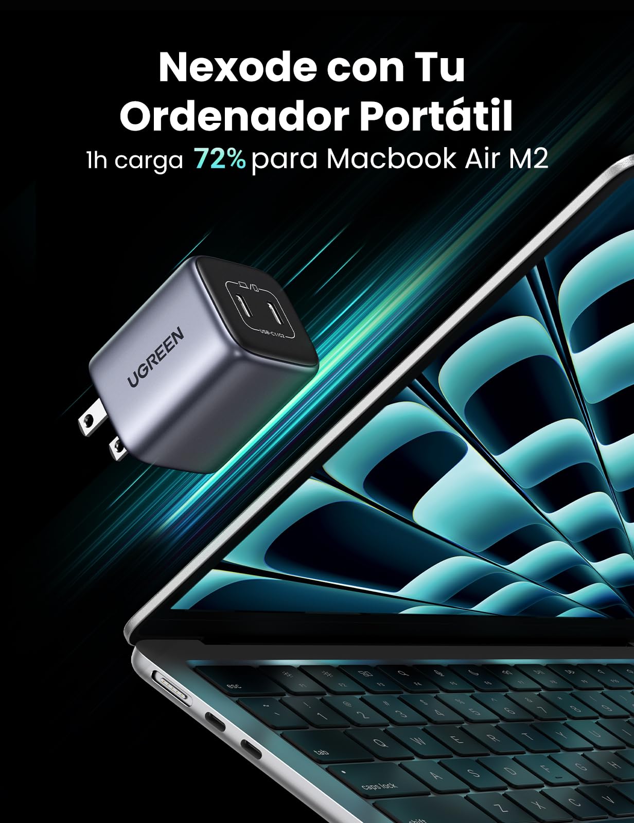 UGREEN Nexode 45W Cargador Tipo C GaN con Cable USB C 100W 1M, Gargador USB C 2 Puertos, Carga Rápida Cargador Portátil Compatible con Galaxy S25 S24 S23 Ultra, iPhone 15 14 Pro, MacBook Air, iPad Pro