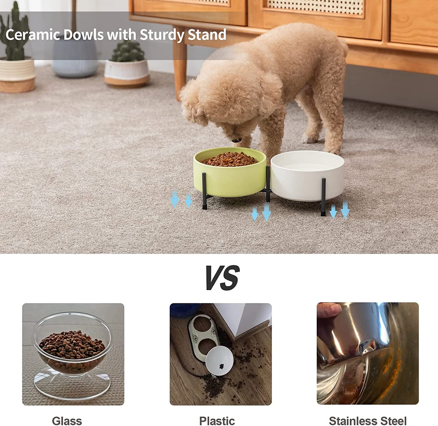 AOMRYOM Cuenco de cerámica para perros y gatos de 32 onzas con soporte de metal elevado, plato de cerámica para mascotas de 6 pulgadas para comida y agua, cuencos de alimentación para mascotas para gatos y perros, juego de 2 (blanco y verde claro)