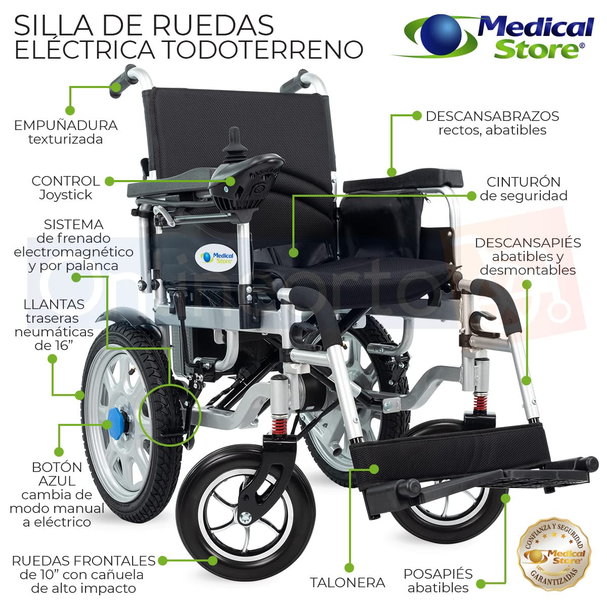 Silla de Ruedas Eléctrica Medical Store Negro de Acero Alta Resistencia con Cinturón y Joystick