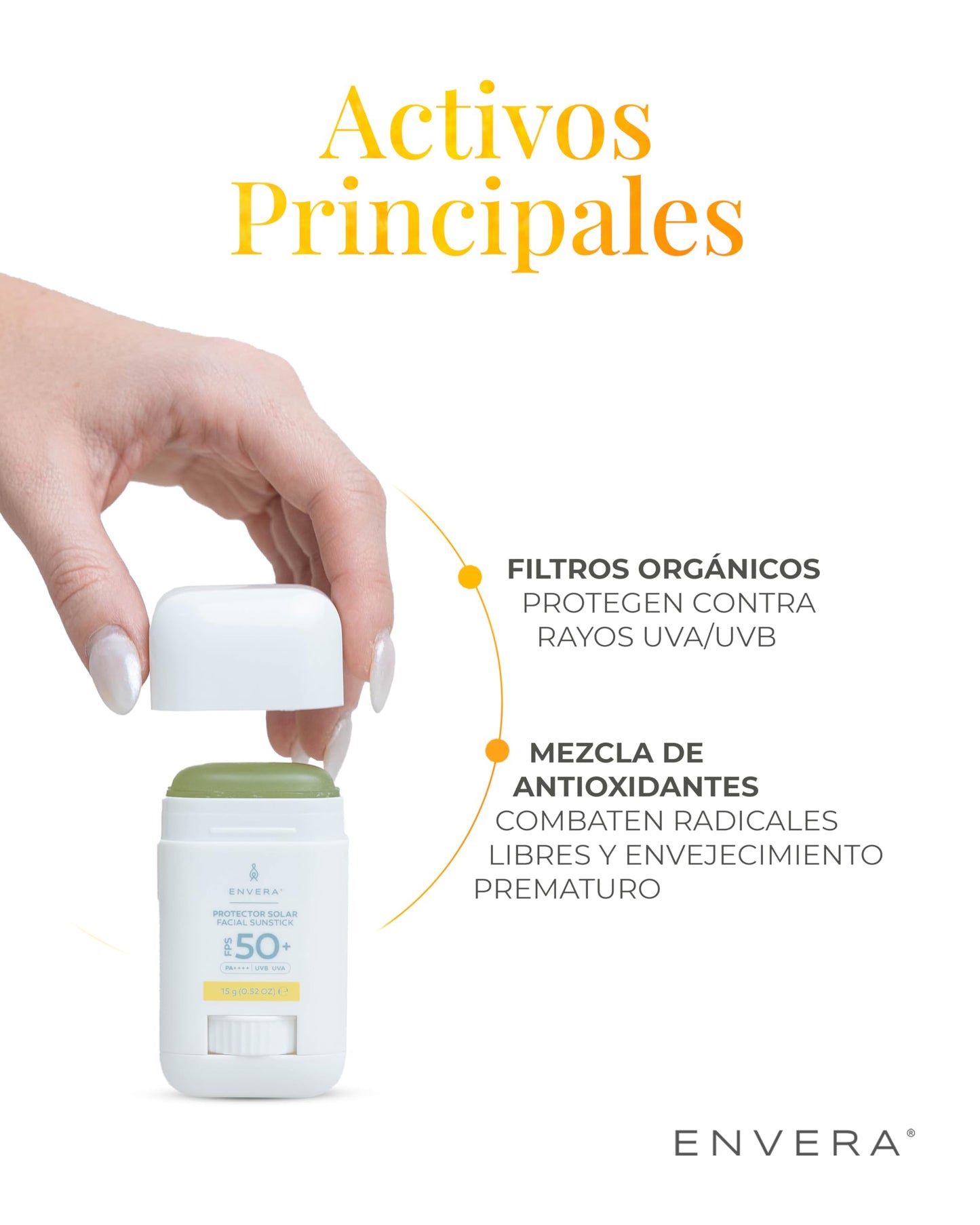ENVERA | Protector Solar Facial y Corporal 3 en 1: FPS 50+ UVA/UVB, PA++++ | 15gr | Invisible, Humectante, Antioxidantes | Bloqueador Solar en Barra Hipoalergénico | Skincare Vegano