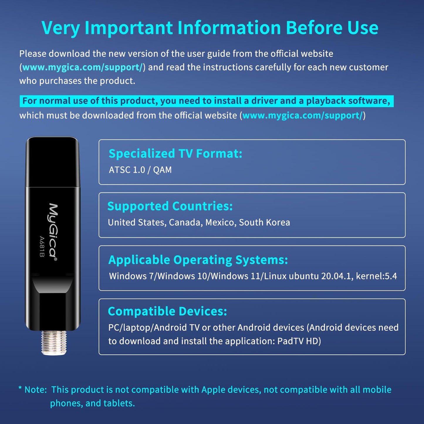 Mygica A681B - Antena de tarjeta sintonizadora de TV USB analógica, ATSC HD, digital, externa, HDTV, adaptador de dongle para ventana, Linux, para computadora, portátil, Android TV Box, navegación de