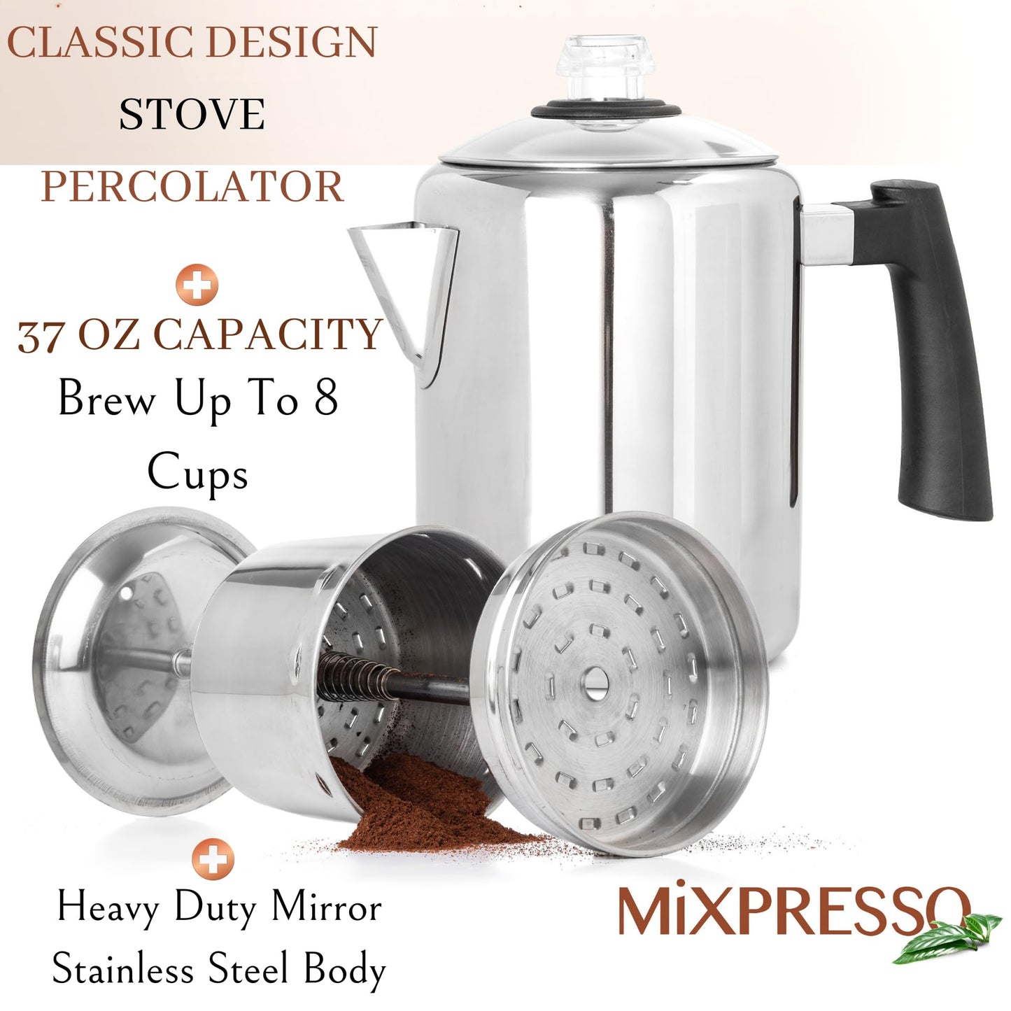 Mixpresso - Cafetera percoladora de acero inoxidable, excelente para camping, cafetera de 5 a 8 tazas