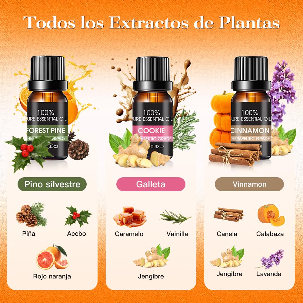 Aceites Esenciales EASYTAO Natural Sidra Café Tarta de Calabaza Pino Silvestre Galleta Vinnamon para Aromaterapia y Difusores