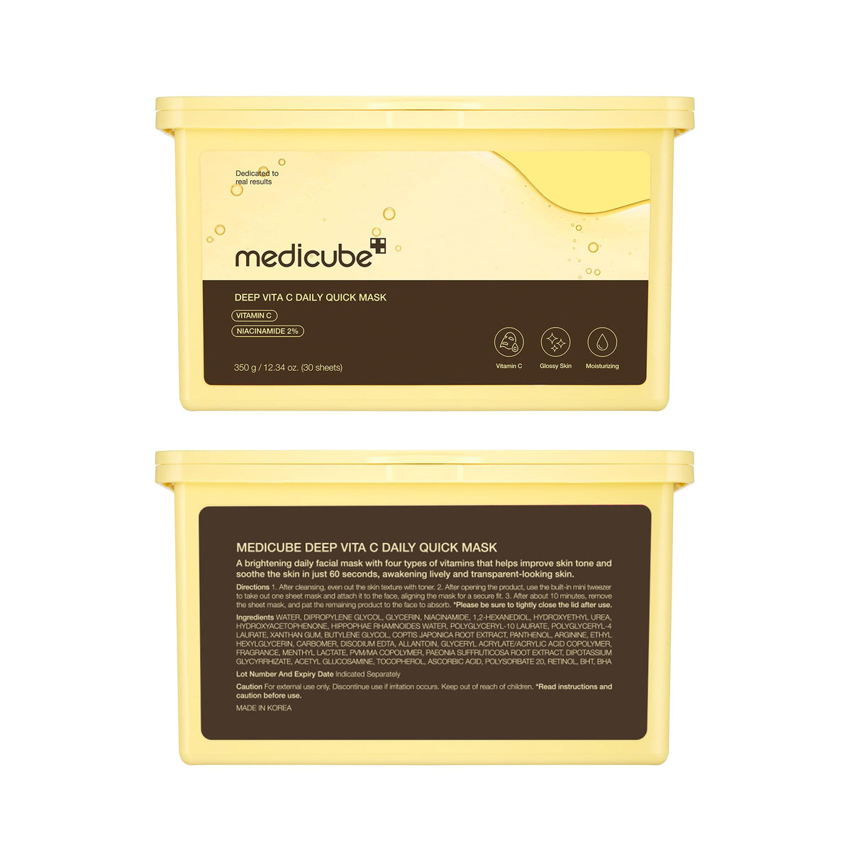 MEDICUBE Deep Vita C Daily Quick Mask, 30 Mascarillas Faciales Coreanas con Vitamina C, Niacinamida 2% y Complejo de Vitaminas, Hidratación y Luminosidad, 350 g