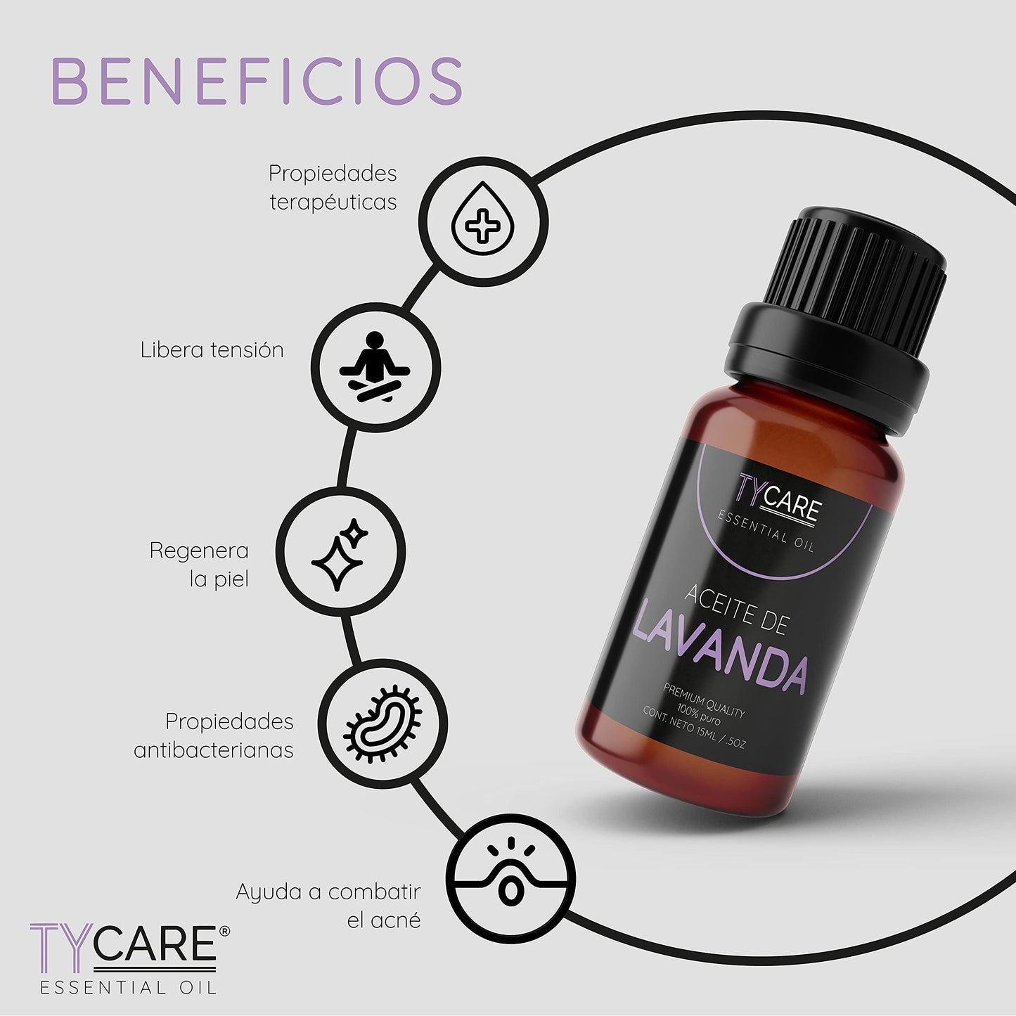 Aceite Esencial de Lavanda TY CARE Dulce y Herbáceo Premium 100% Puro 15 ML