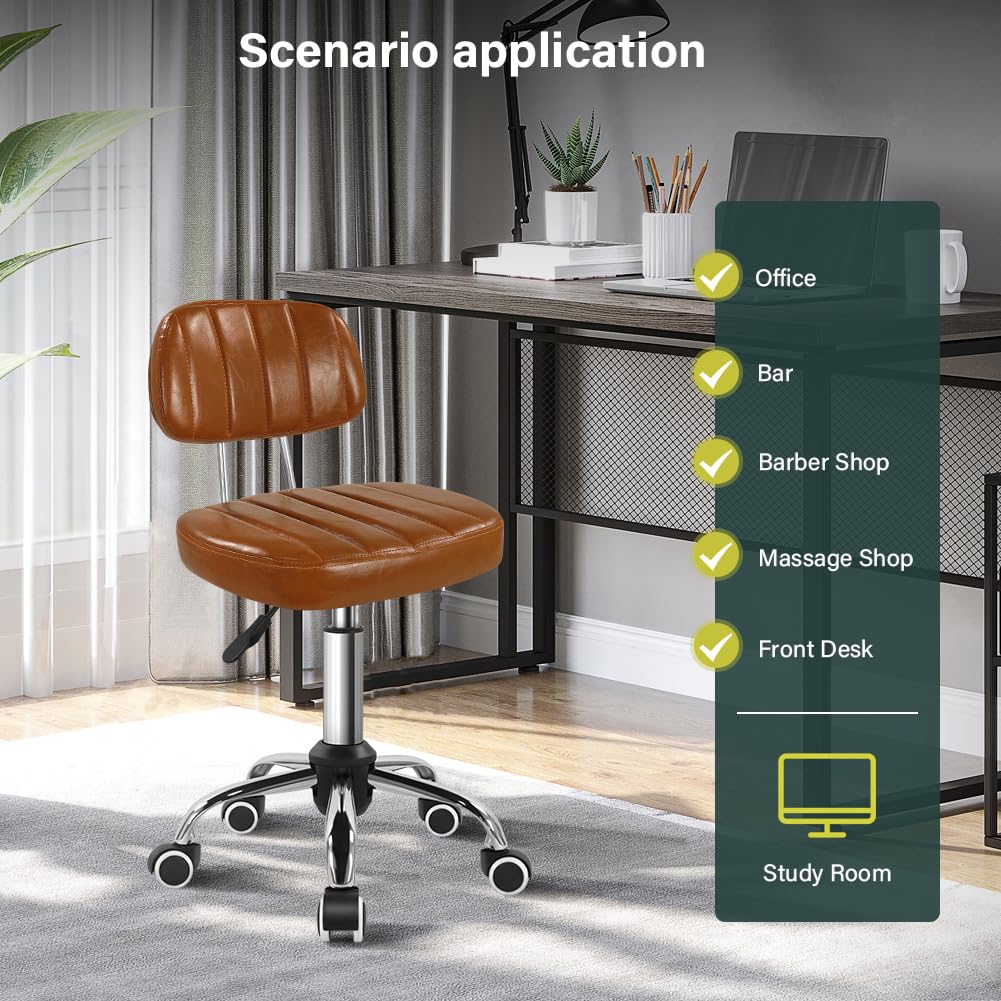 BFTOU Taburete Giratorio Cuadrado con Rueda para el Trabajo Silla de Taburete rodante Ajustable en Altura y rentable de SPA Shop Massage con Respaldo (marrón)