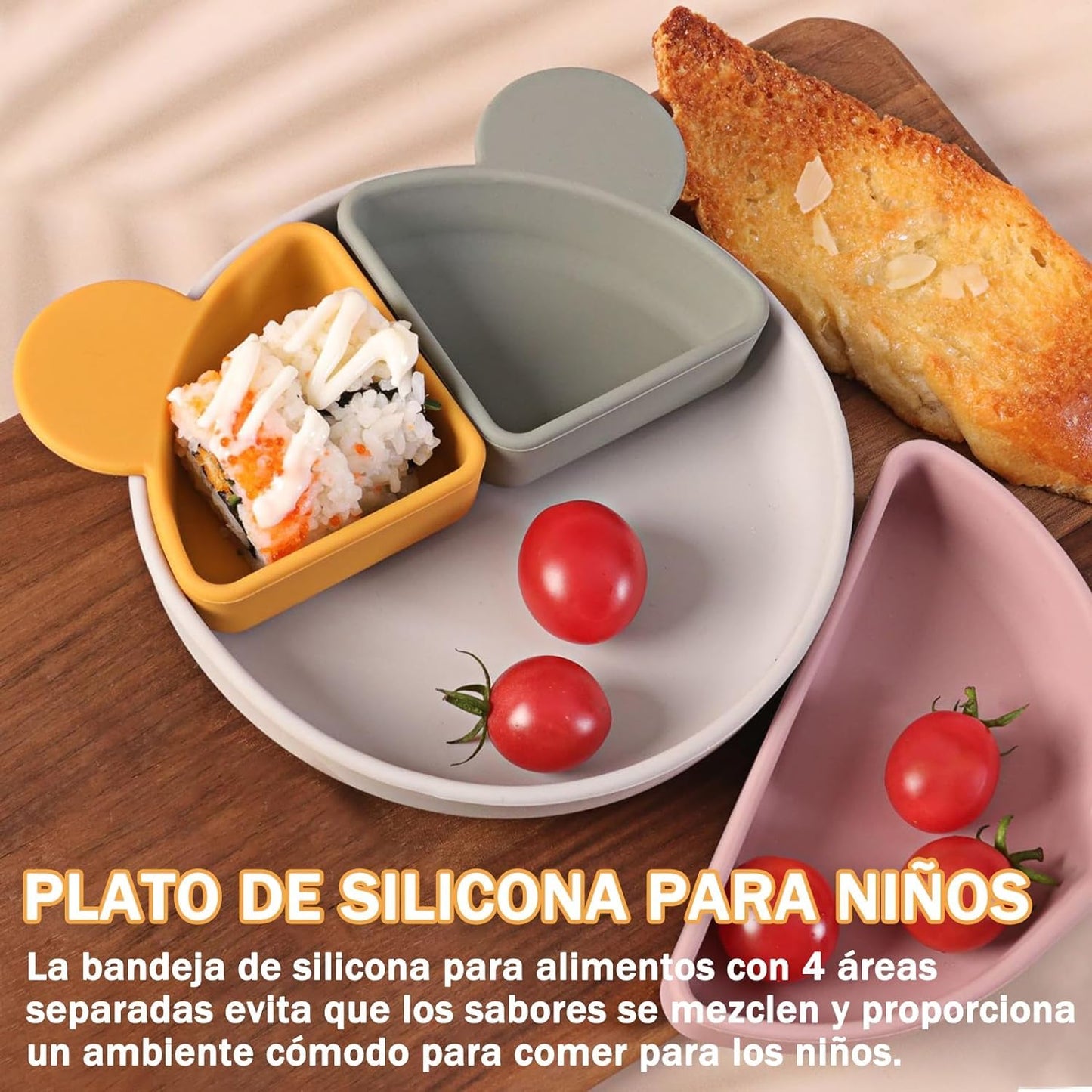 Plato y Cubiertos de Silicona para Niños Azul con Diseño Compartimentado Extraíble