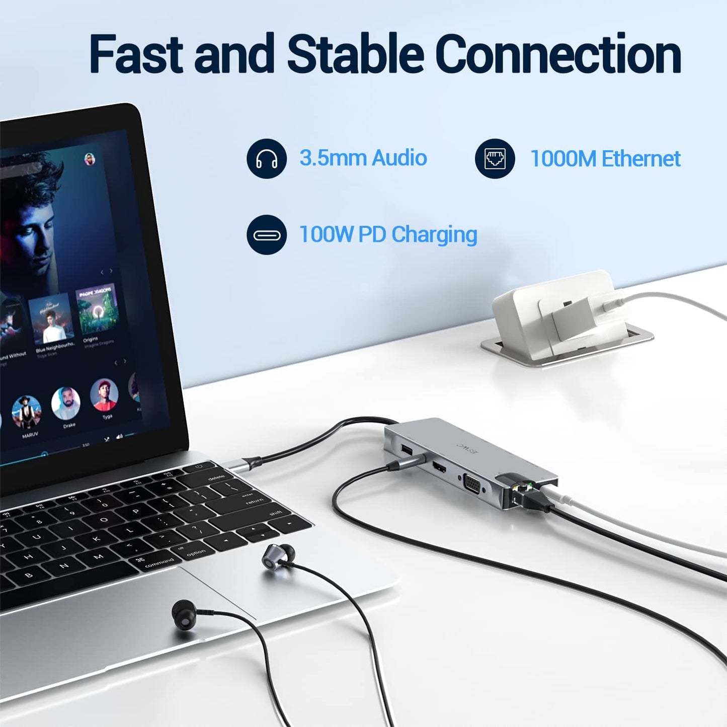 JESWO USB C Hub, 11 en 1 Adaptador Multipuerto Hub Tipo C con HDMI 4K, 3*USB 3.0, 2*USB 2.0, USB C 100W PD Carga, Ethernet de 1000 Mbps, Lector de Tarjetas SD/TF y VGA, Compatible con Macbook Pro/Air