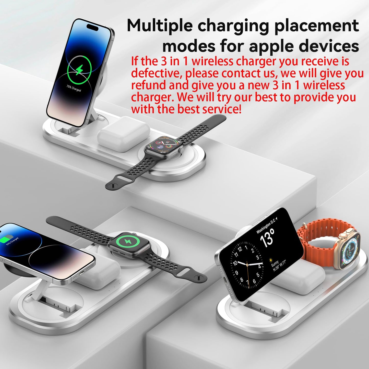 Cargador inalámbrico 3 en 1, estación de Carga Plegable para Magsafe para iPhone 16/15/14/13/12/Pro MAX/Pro/Mini/Plus, para Apple Watch 10/9/8/7/SE/6/5/4/3/2/1/Ultra2/Ultra, para AirPods pro/2/3/4