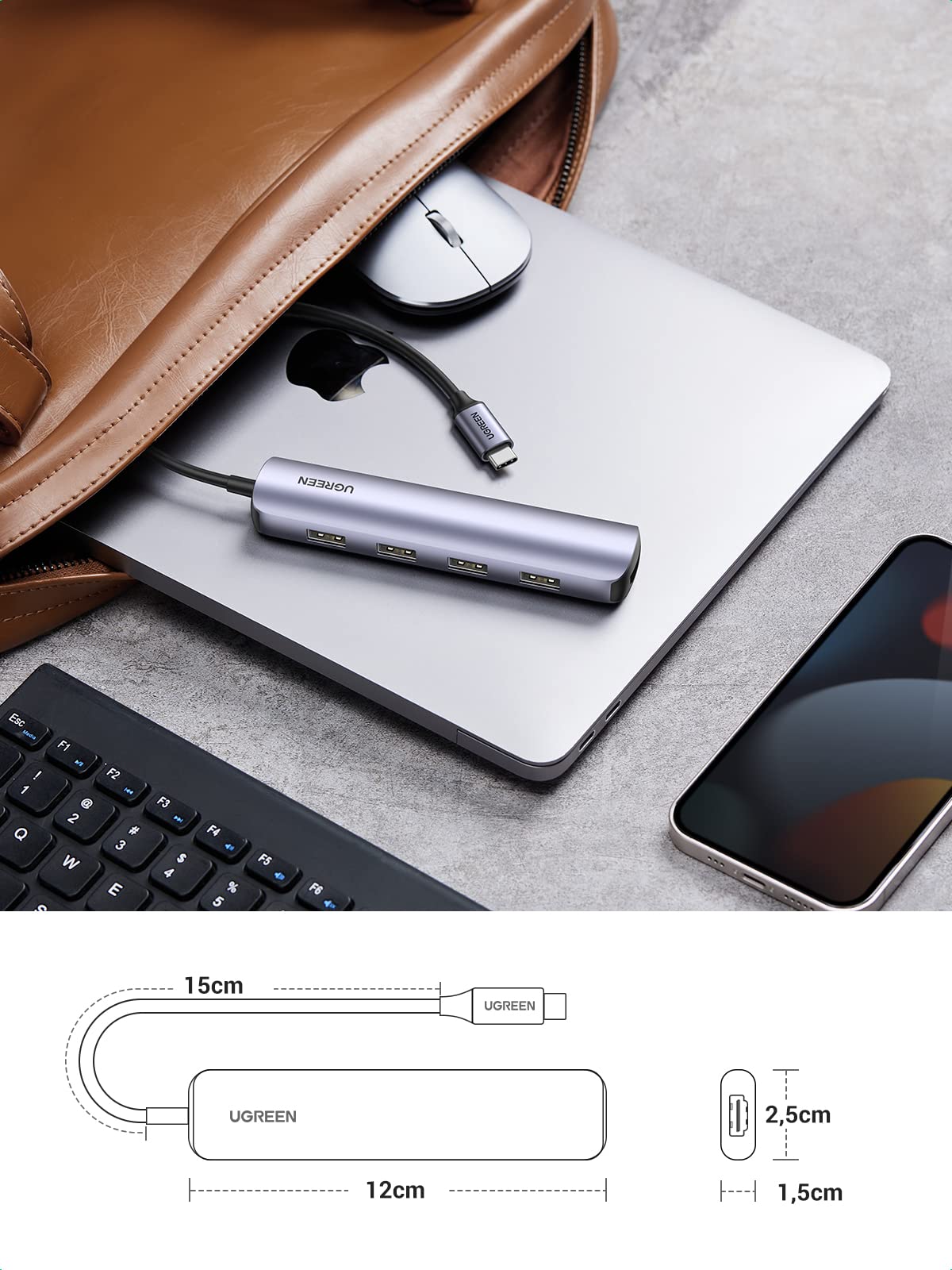Adaptador USB C UGREEN Gris 5 en 1 con HDMI 4K y 4 Puertos USB 3.0 Compatible para MacBook Pro iPad y Galaxy Note